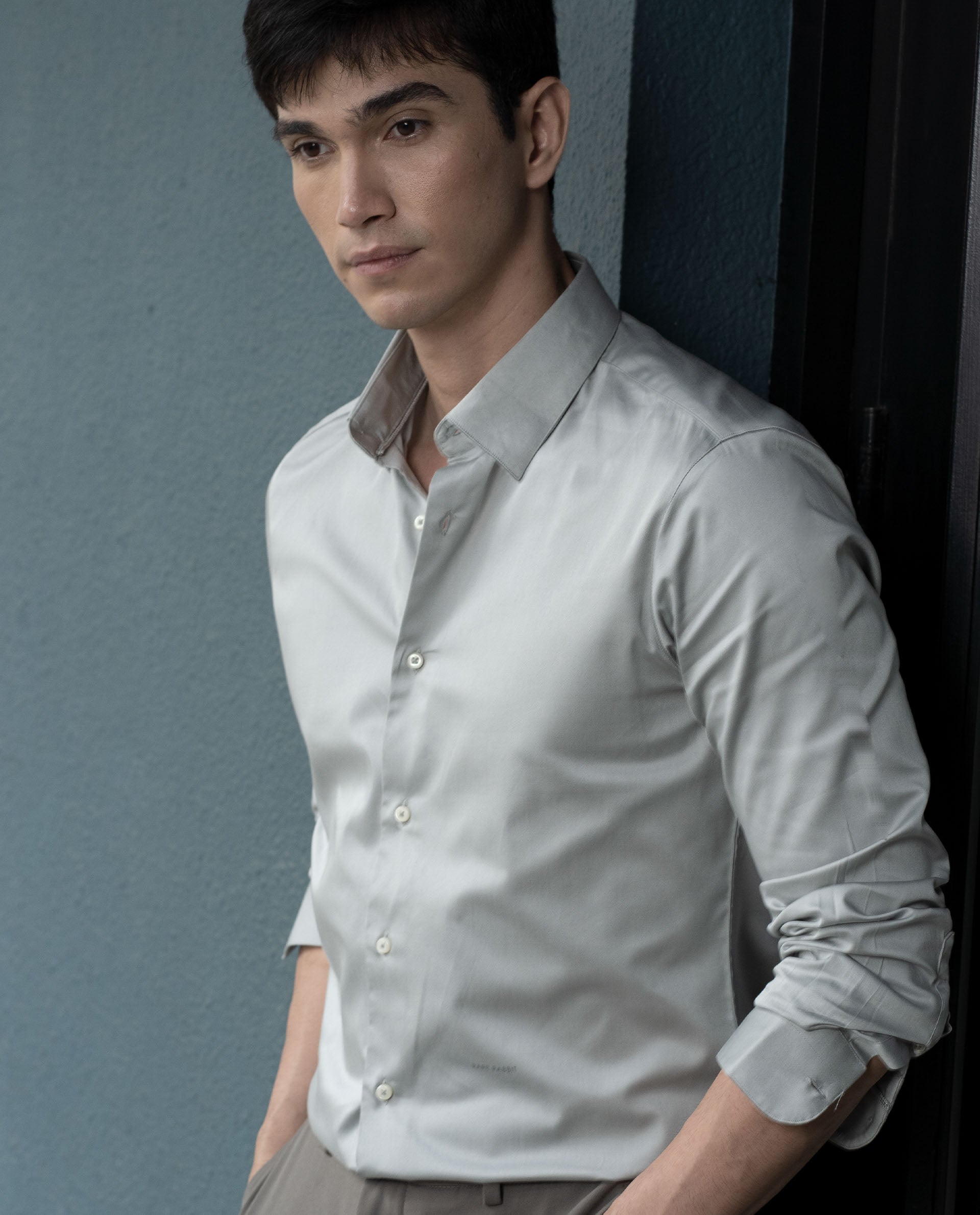 Rare Rabbit Men's Como Grey Satin Fabric Button Down Collar Full Sleeves Solid Formal Shirt