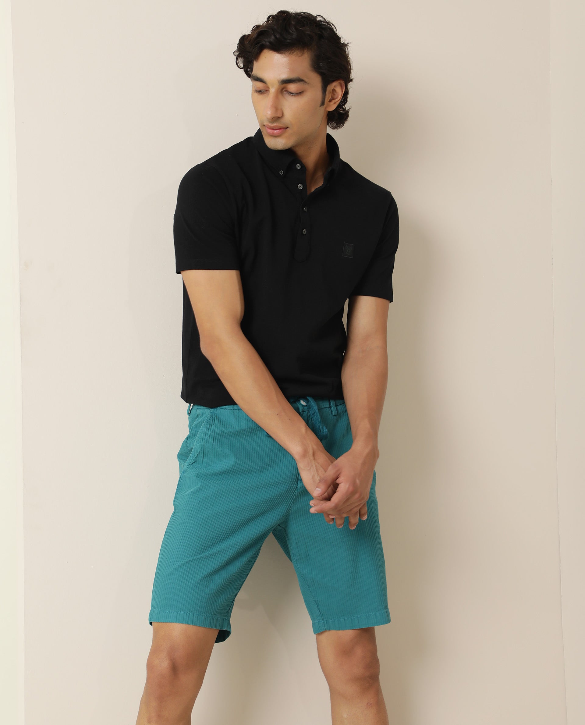 Rare Rabbit Men'S Monty Green Shorts Cotton Fabric Drawstring Mid Rise