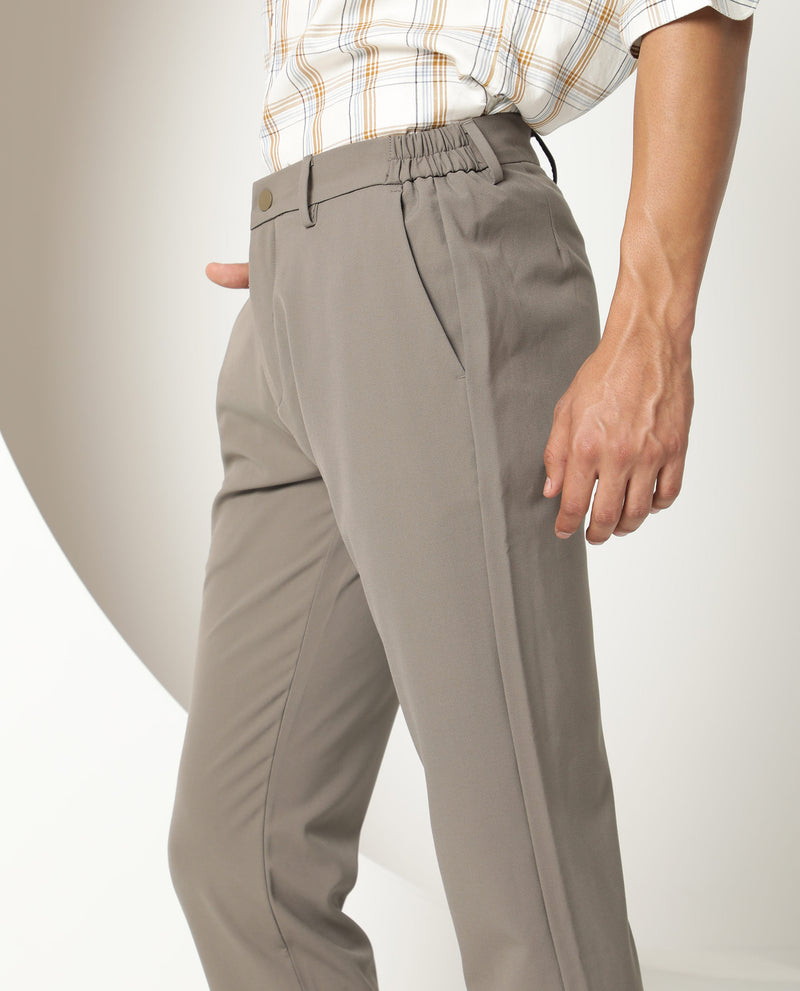 Rare Rabbit Men's Traverse Khaki Solid Mid-Rise Regular Fit Stretch Trousers