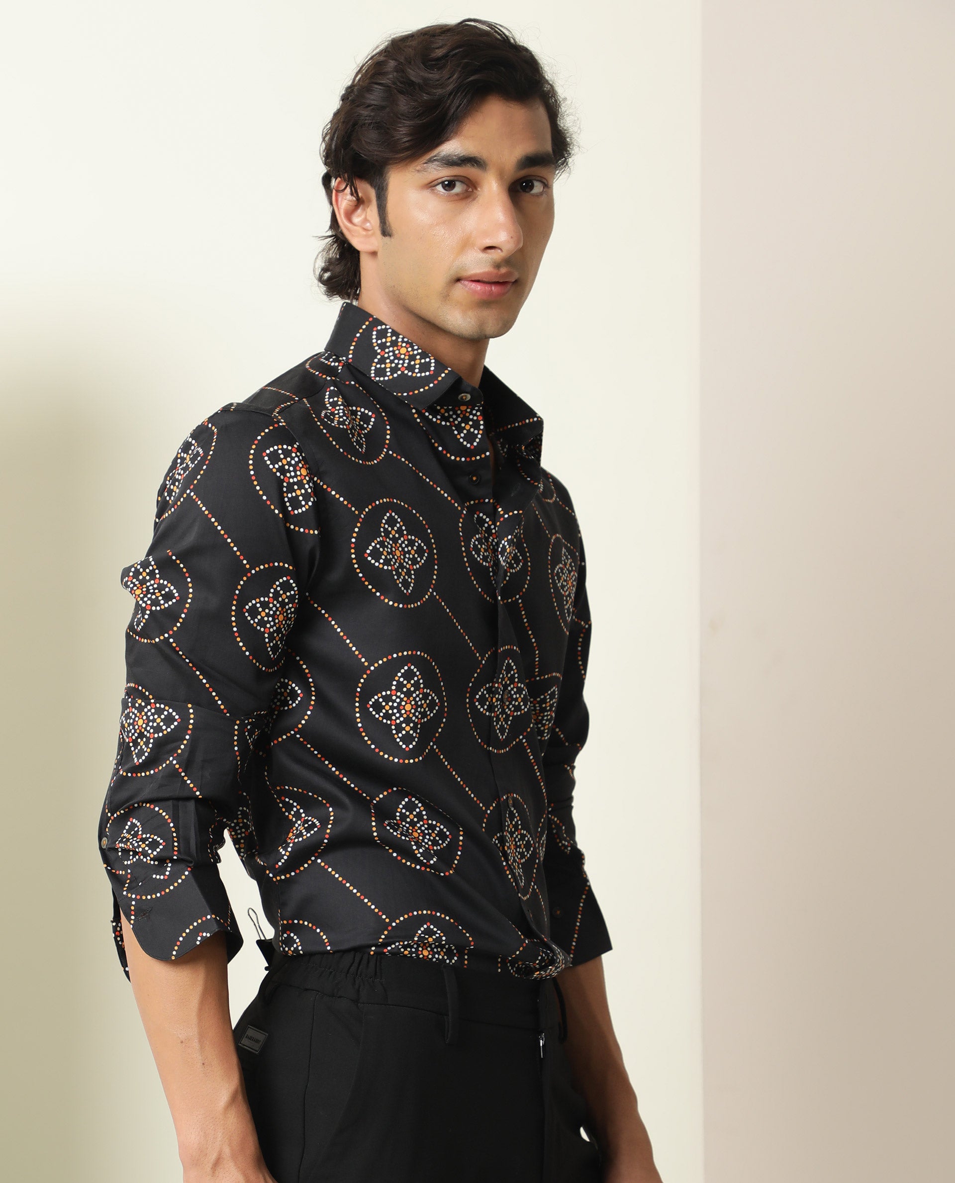 Rare Rabbit Men's Remus Black Cotton Fabric Geometric Print Full Sleeves Shirt
