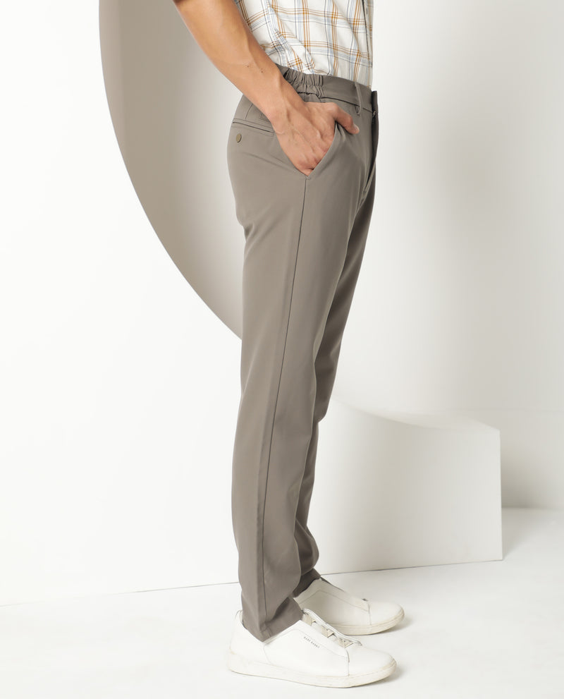 Rare Rabbit Men's Traverse Khaki Solid Mid-Rise Regular Fit Stretch Trousers