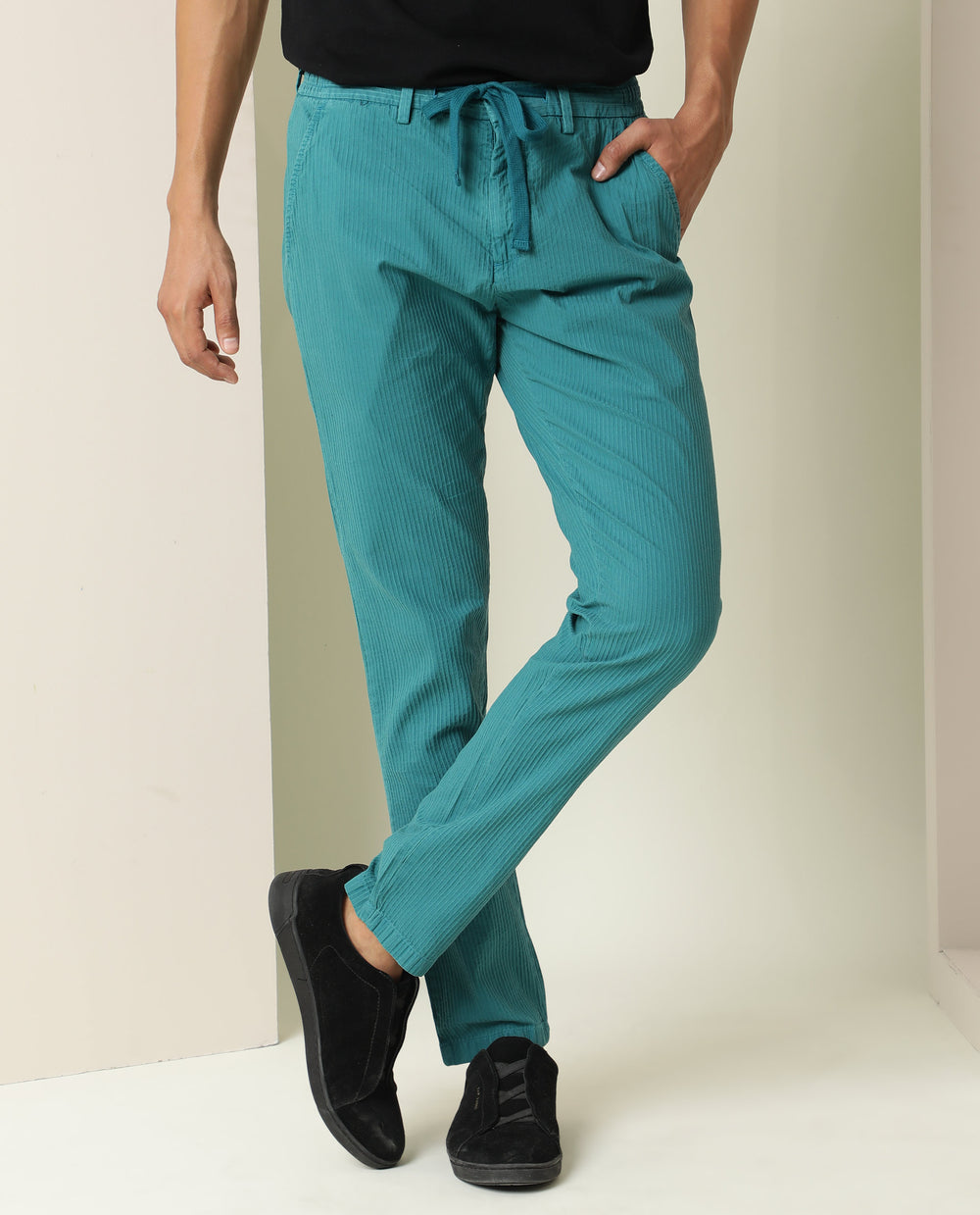 Rare Rabbit Men's Monter Green Stripe Dobby Mid-Rise With Drawstring A