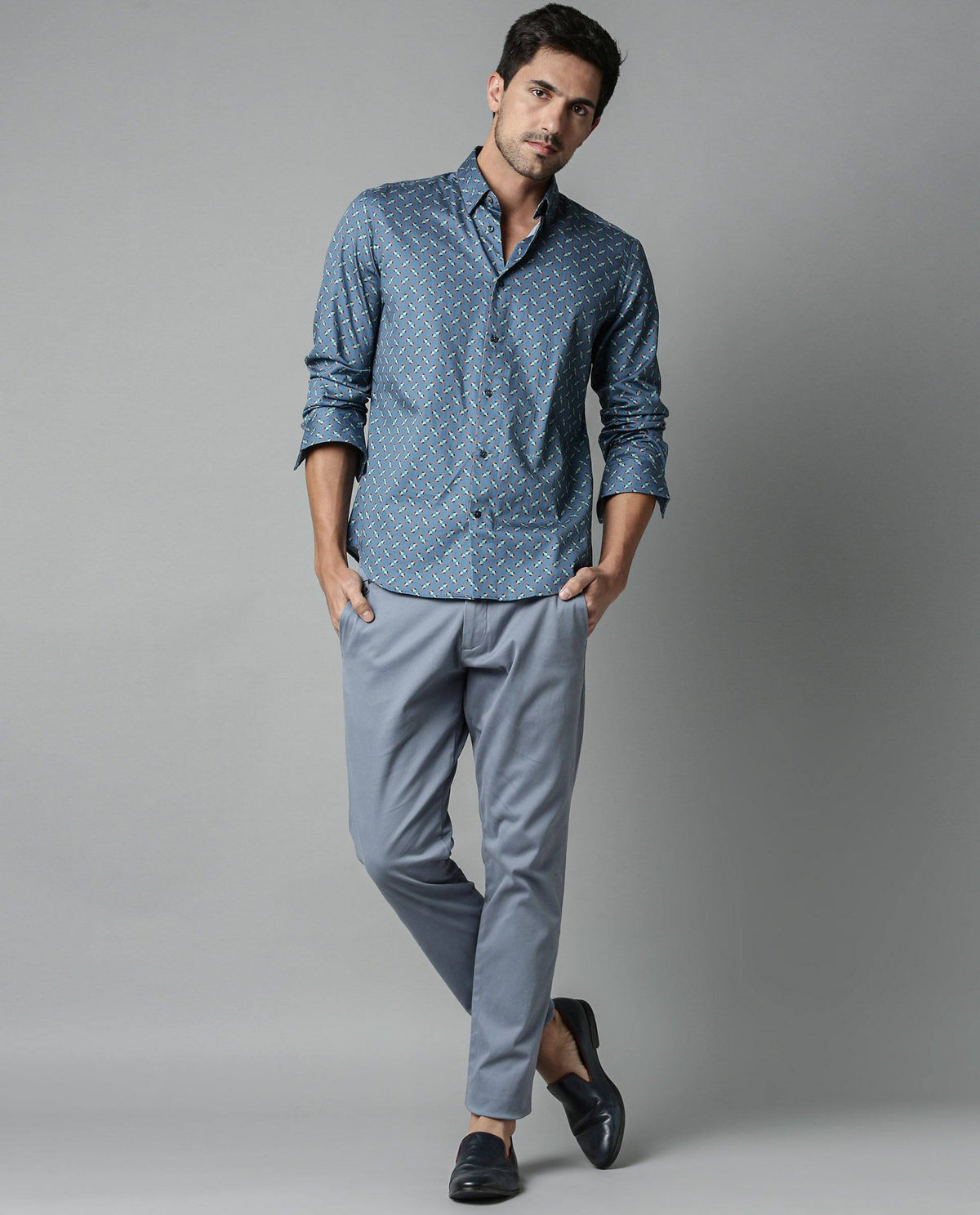 RARE RABBIT MEN'S NIKADO BLUE SHIRT FULL SLEEVES PRINT SLIM FIT