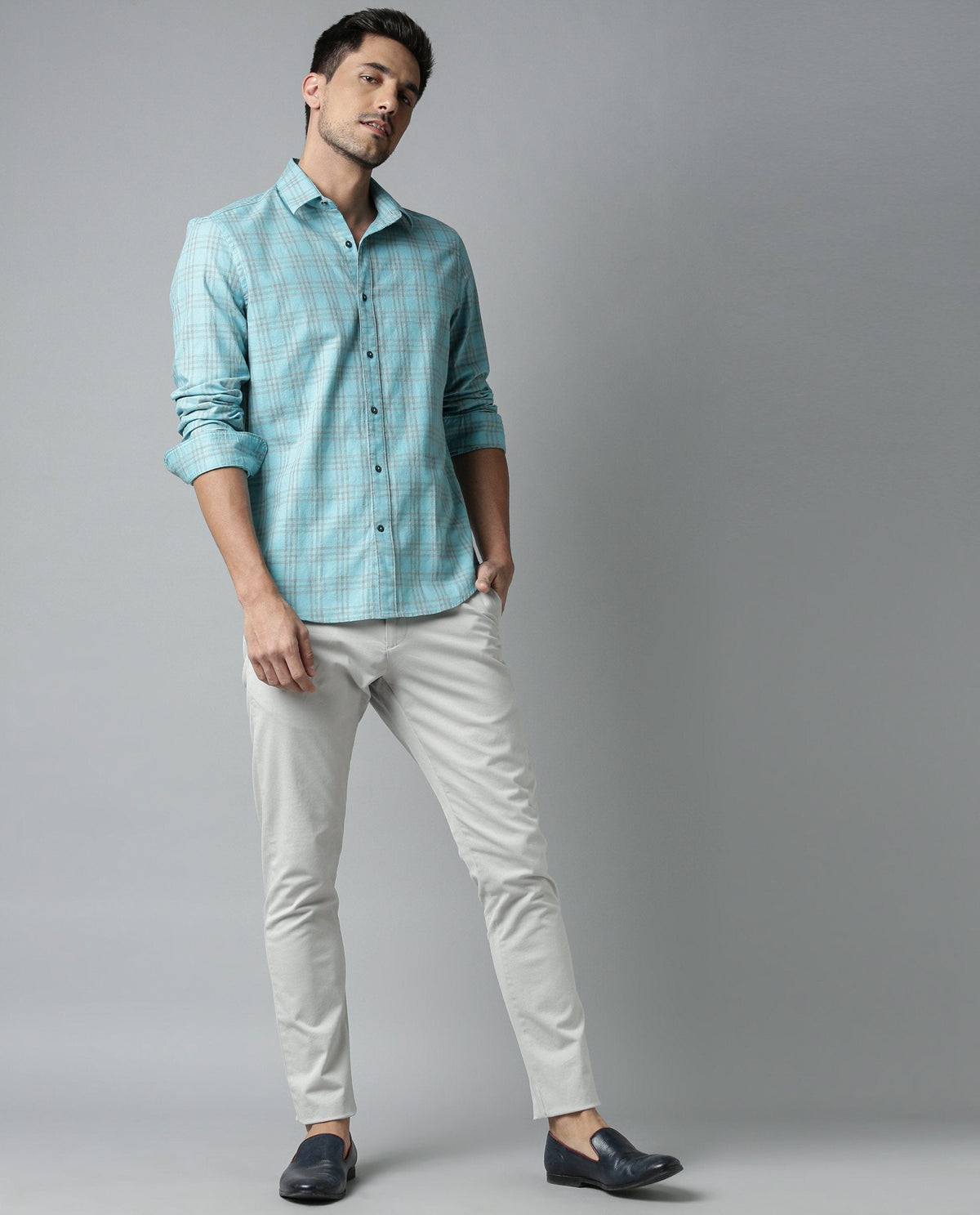 RARE RABBIT MEN'S DARENN TURQ SHIRT FULL SLEEVES CHECKS SLIM FIT