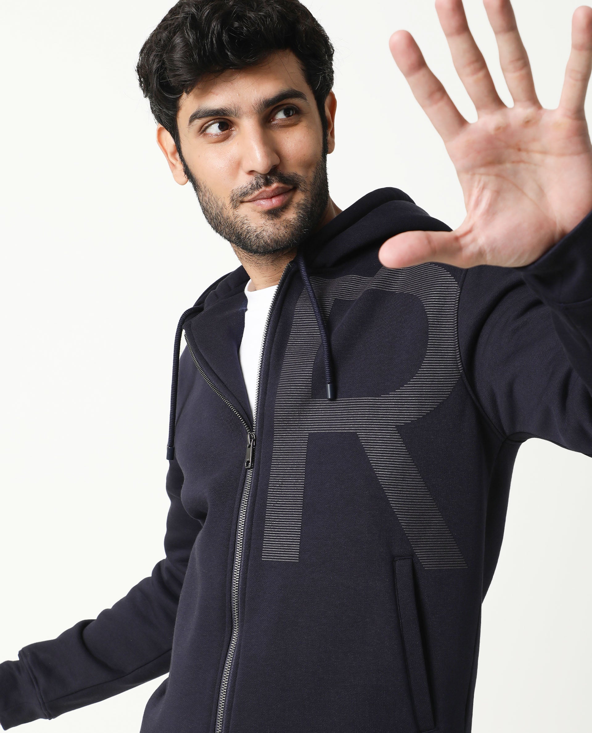 Rare Rabbit Men'S Albell Navy Sweatshirt Cotton Polyester Fabric Hooded Neck Full Sleeves Zipper Closure Slim Fit