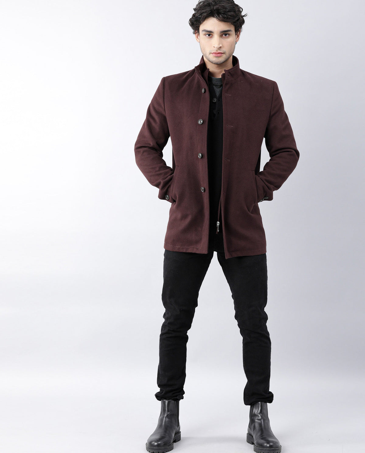 RARE RABBIT BRUSH PRIMARY MAROON JACKET POLYESTER FABRIC FULL SLEEVE STAND COLLAR SLIM FIT