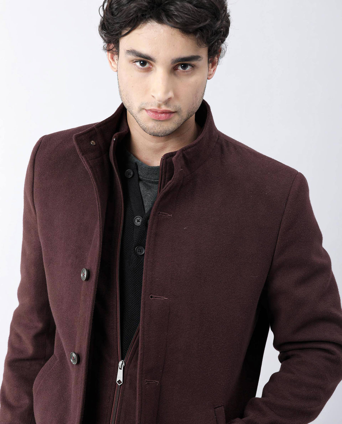 RARE RABBIT BRUSH PRIMARY MAROON JACKET POLYESTER FABRIC FULL SLEEVE STAND COLLAR SLIM FIT