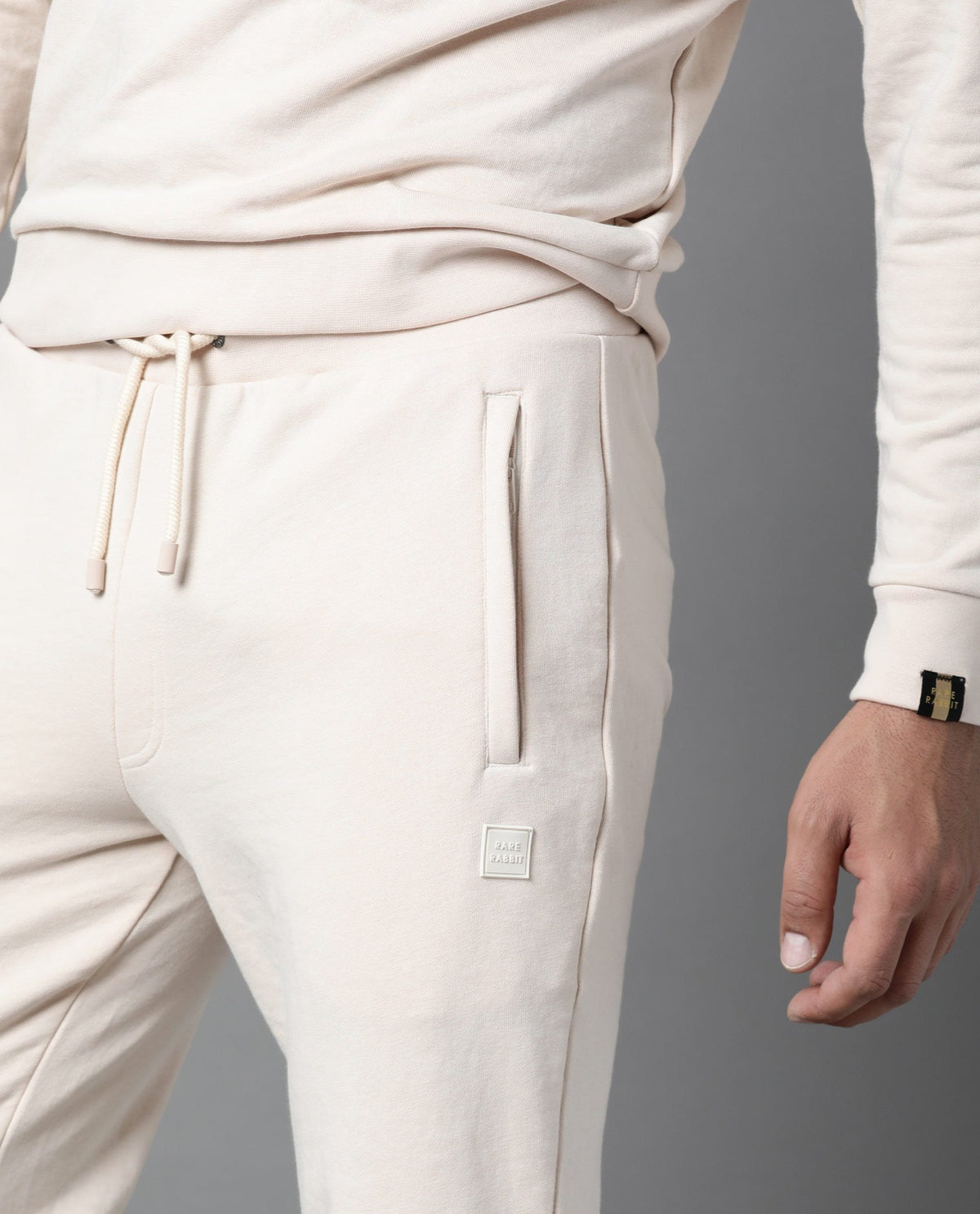 RARE RABBIT MEN'S ARVON BEIGE TRACK PANT COTTON POLY FABRIC SOLID SLIM FIT MID RISE