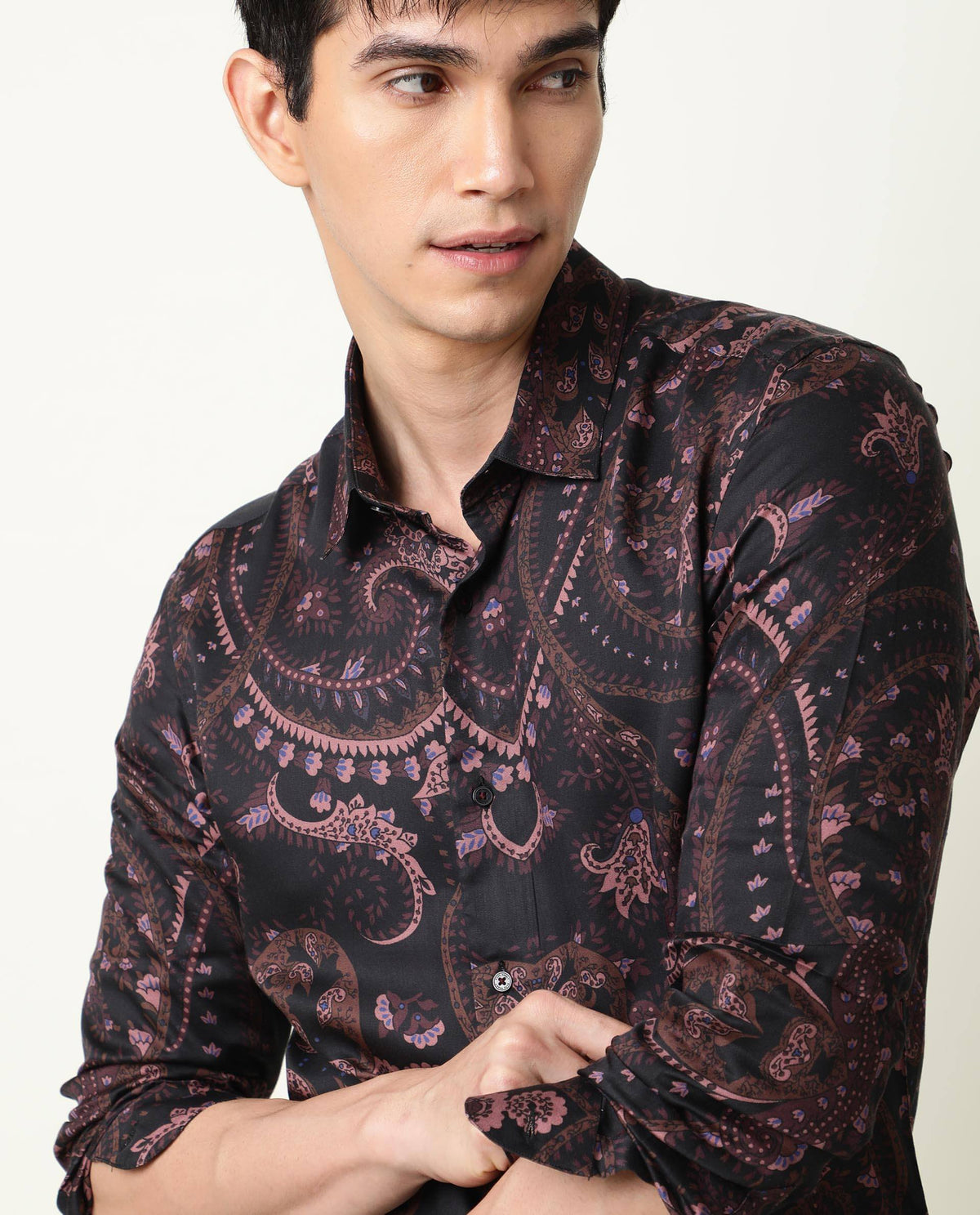 RARE RABBIT MEN'S BRIZ BLACK SHIRT MODAL FABRIC COLLARED NECK FULL SLEEVES BUTTON CLOSURE SLIM FIT