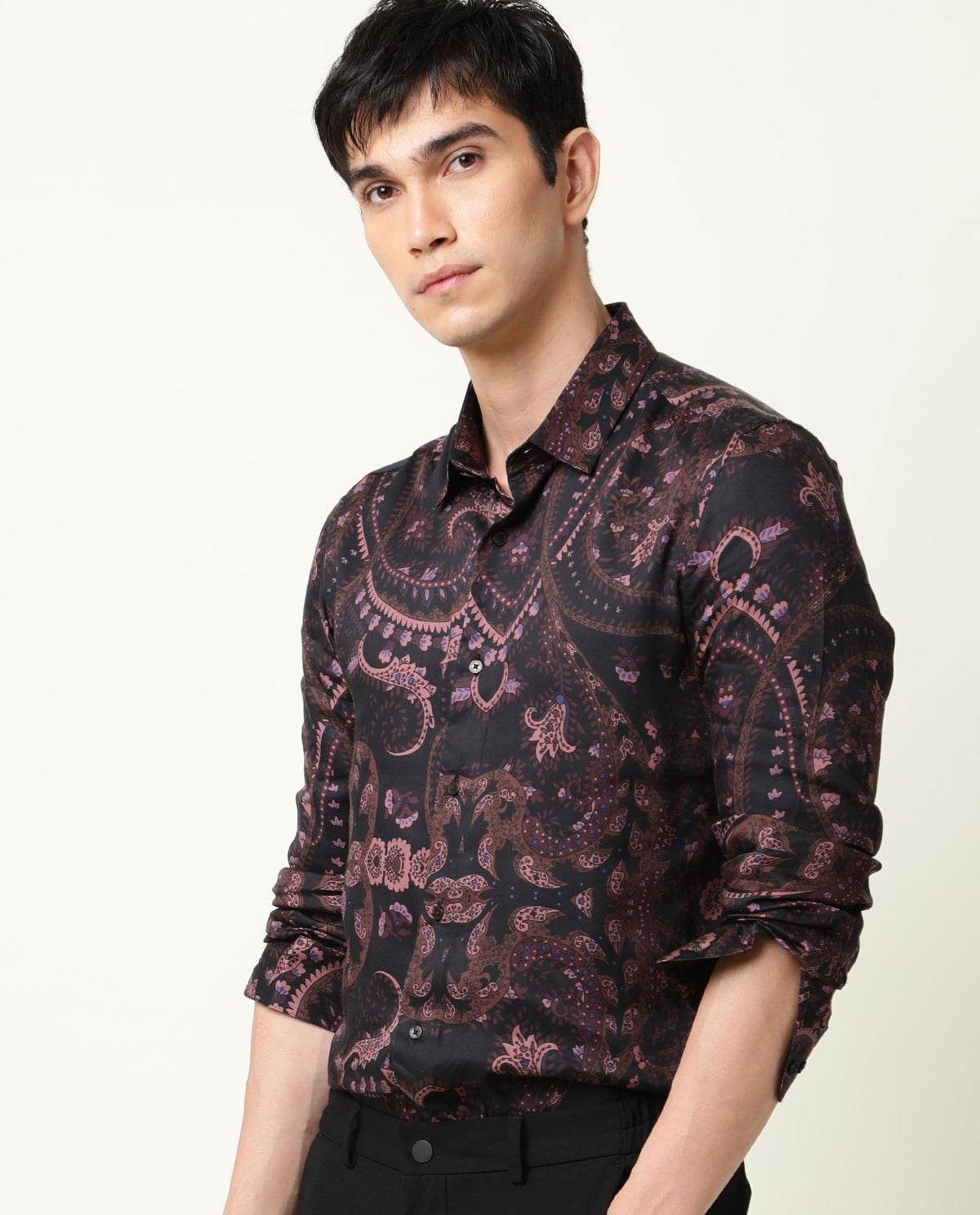RARE RABBIT MEN'S BRIZ BLACK SHIRT MODAL FABRIC COLLARED NECK FULL SLEEVES BUTTON CLOSURE SLIM FIT