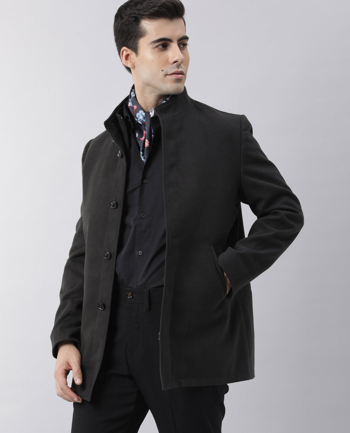 RARE RABBIT BRUSH PRIMARY BLACK JACKET POLYESTER FABRIC FULL SLEEVE MANDARIN COLLAR SLIM FIT