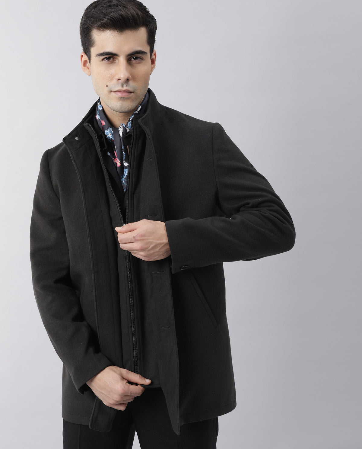 RARE RABBIT BRUSH PRIMARY BLACK JACKET POLYESTER FABRIC FULL SLEEVE MANDARIN COLLAR SLIM FIT