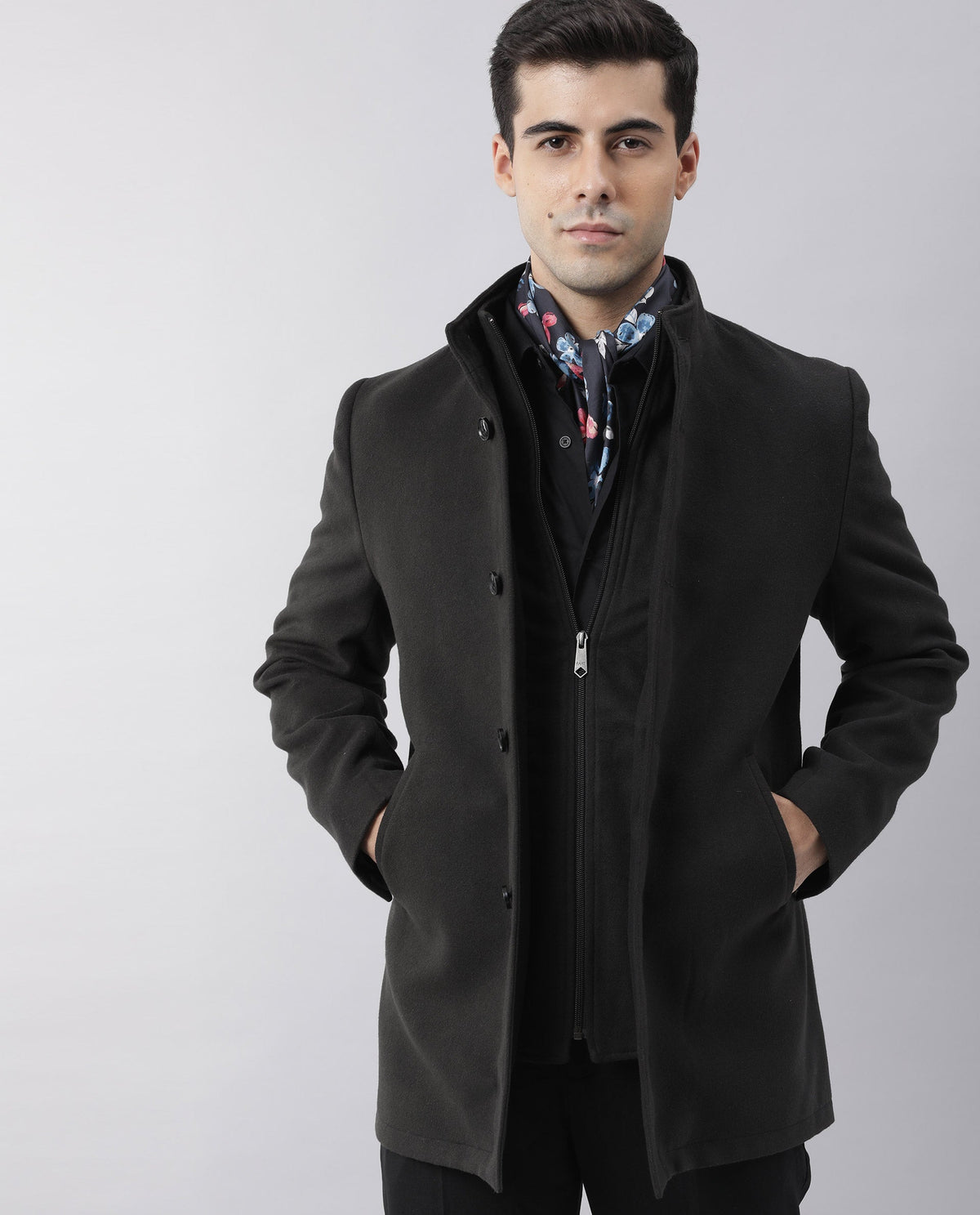RARE RABBIT BRUSH PRIMARY BLACK JACKET POLYESTER FABRIC FULL SLEEVE MANDARIN COLLAR SLIM FIT