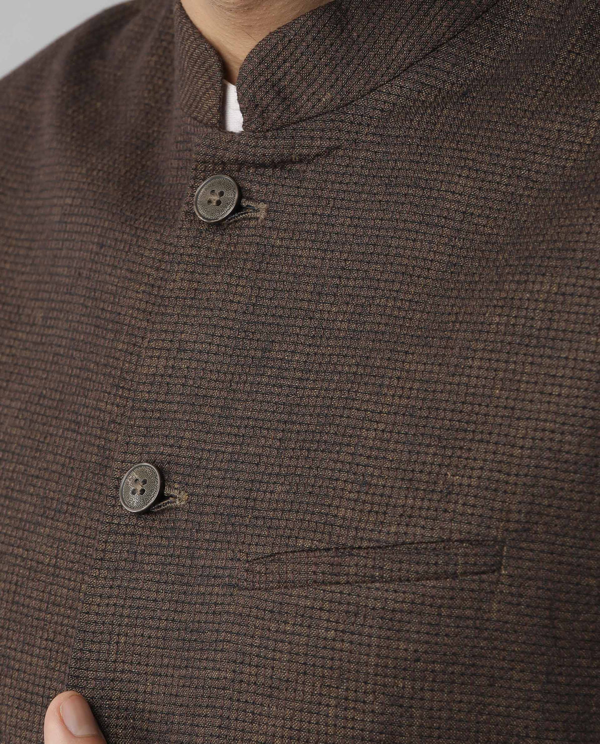 RARE RABBIT CAPS PRIMARY BROWN BANDHGALA LINEN FABRIC SLEEVELESS BROAD COLLAR SLIM FIT