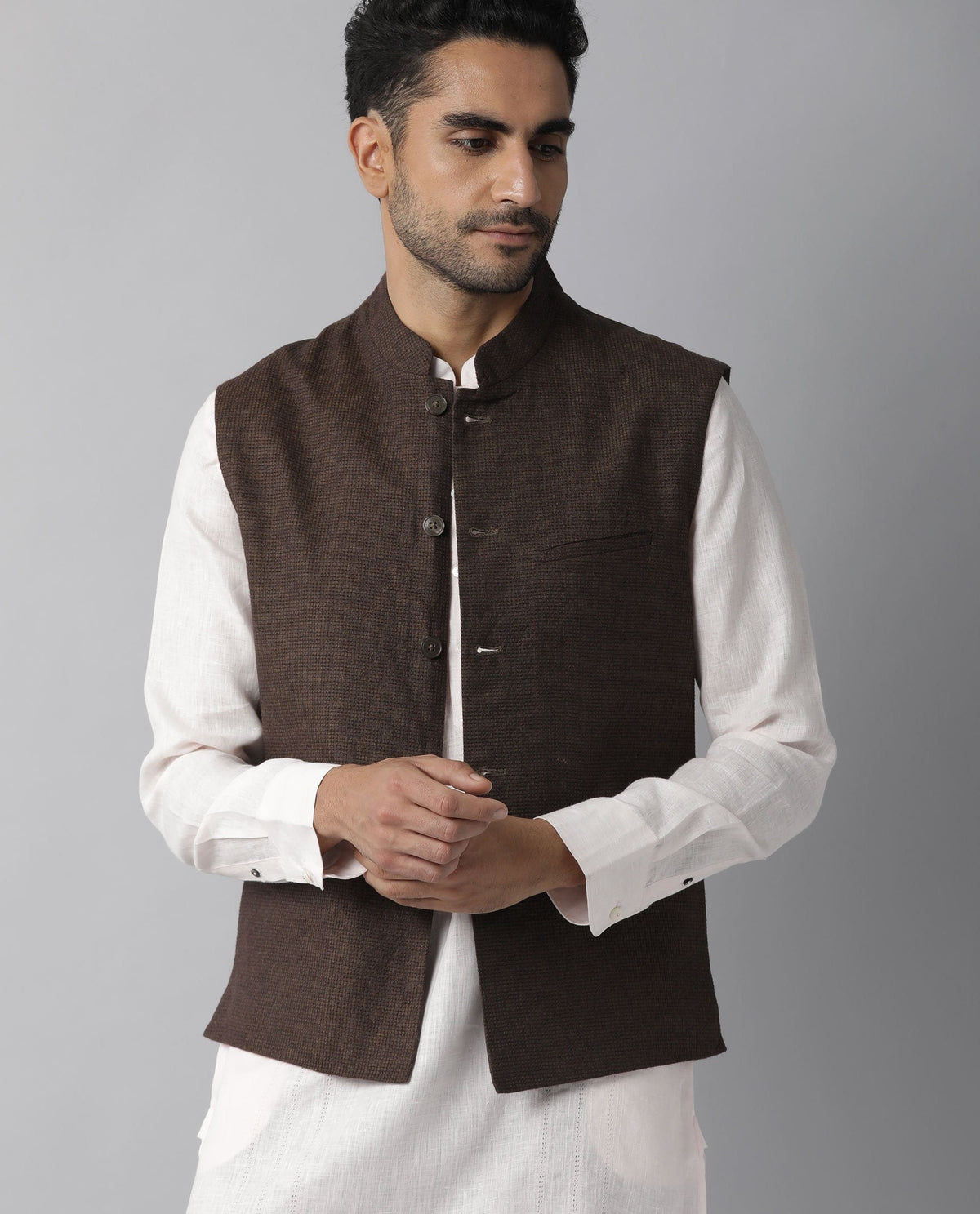 RARE RABBIT CAPS PRIMARY BROWN BANDHGALA LINEN FABRIC SLEEVELESS BROAD COLLAR SLIM FIT