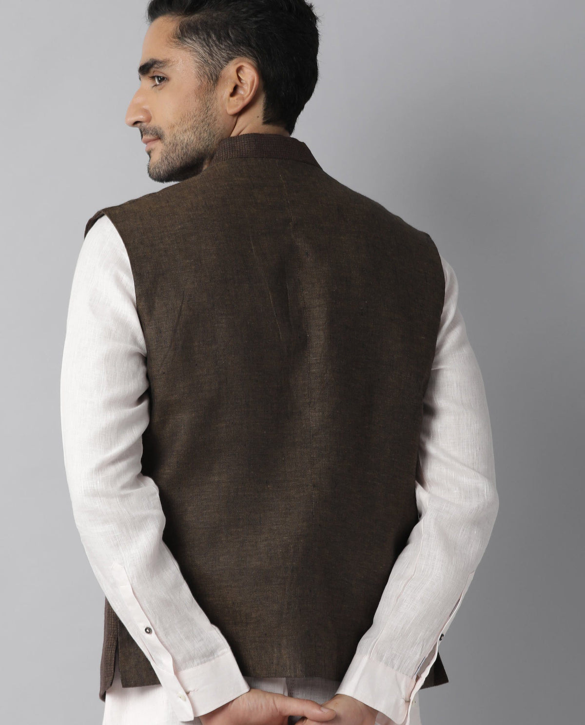 RARE RABBIT CAPS PRIMARY BROWN BANDHGALA LINEN FABRIC SLEEVELESS BROAD COLLAR SLIM FIT