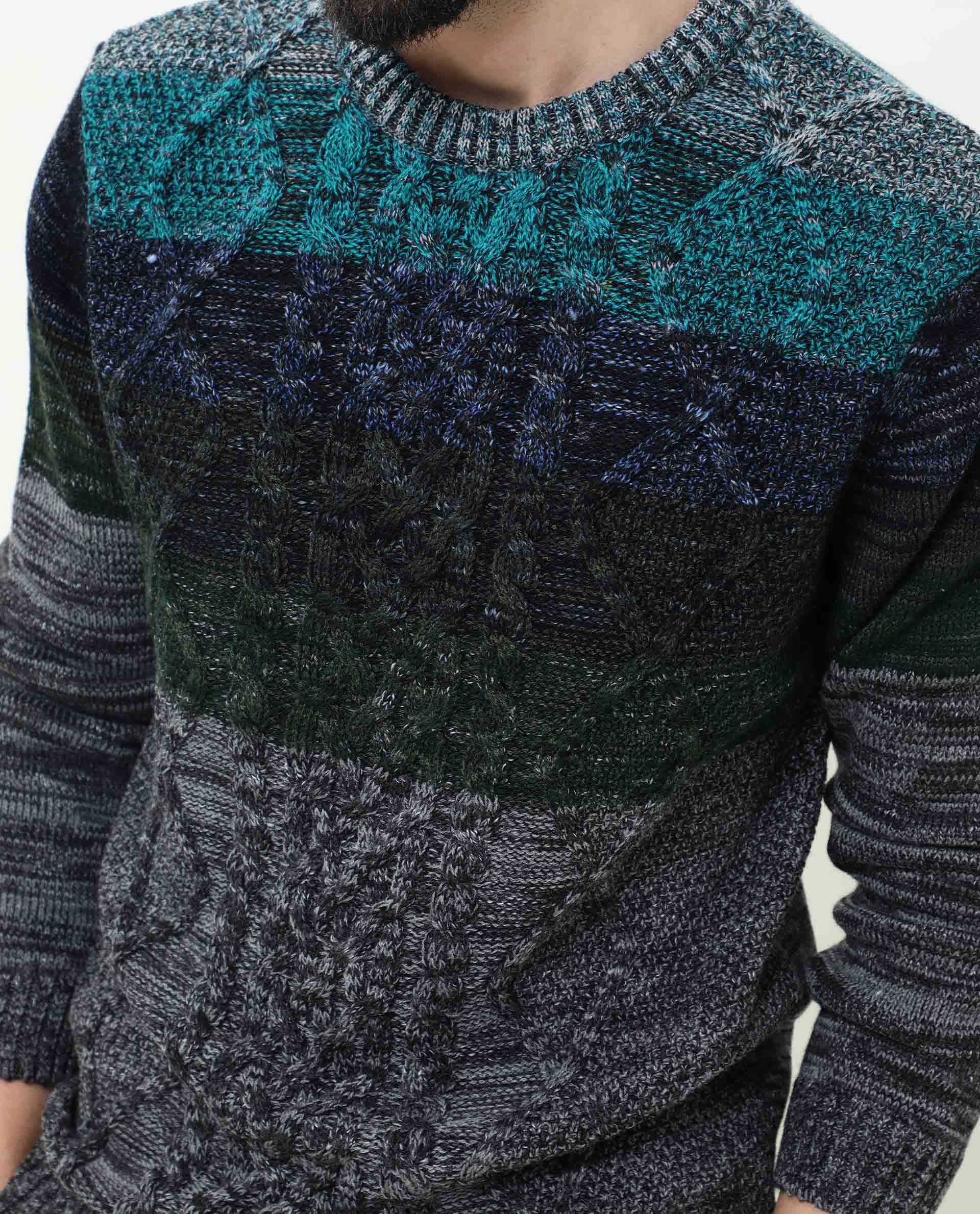 Rare Rabbit Men'S Grindle Green Pullover Acrylic Fabric Round Neck Full Sleeves Slim Fit