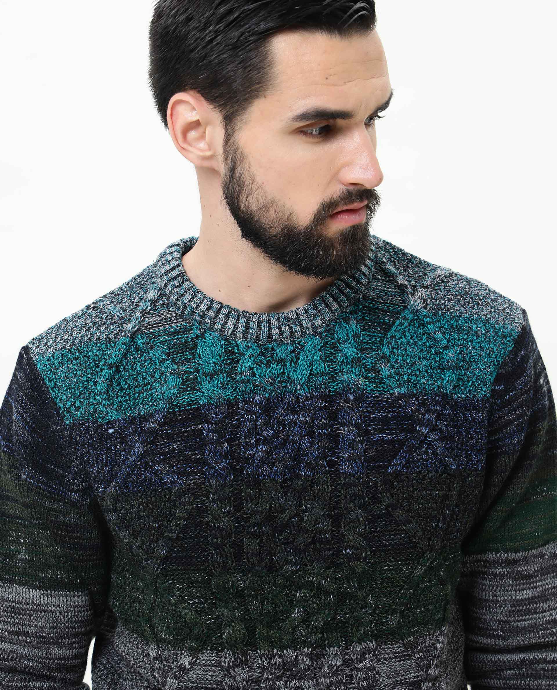 Rare Rabbit Men'S Grindle Green Pullover Acrylic Fabric Round Neck Full Sleeves Slim Fit