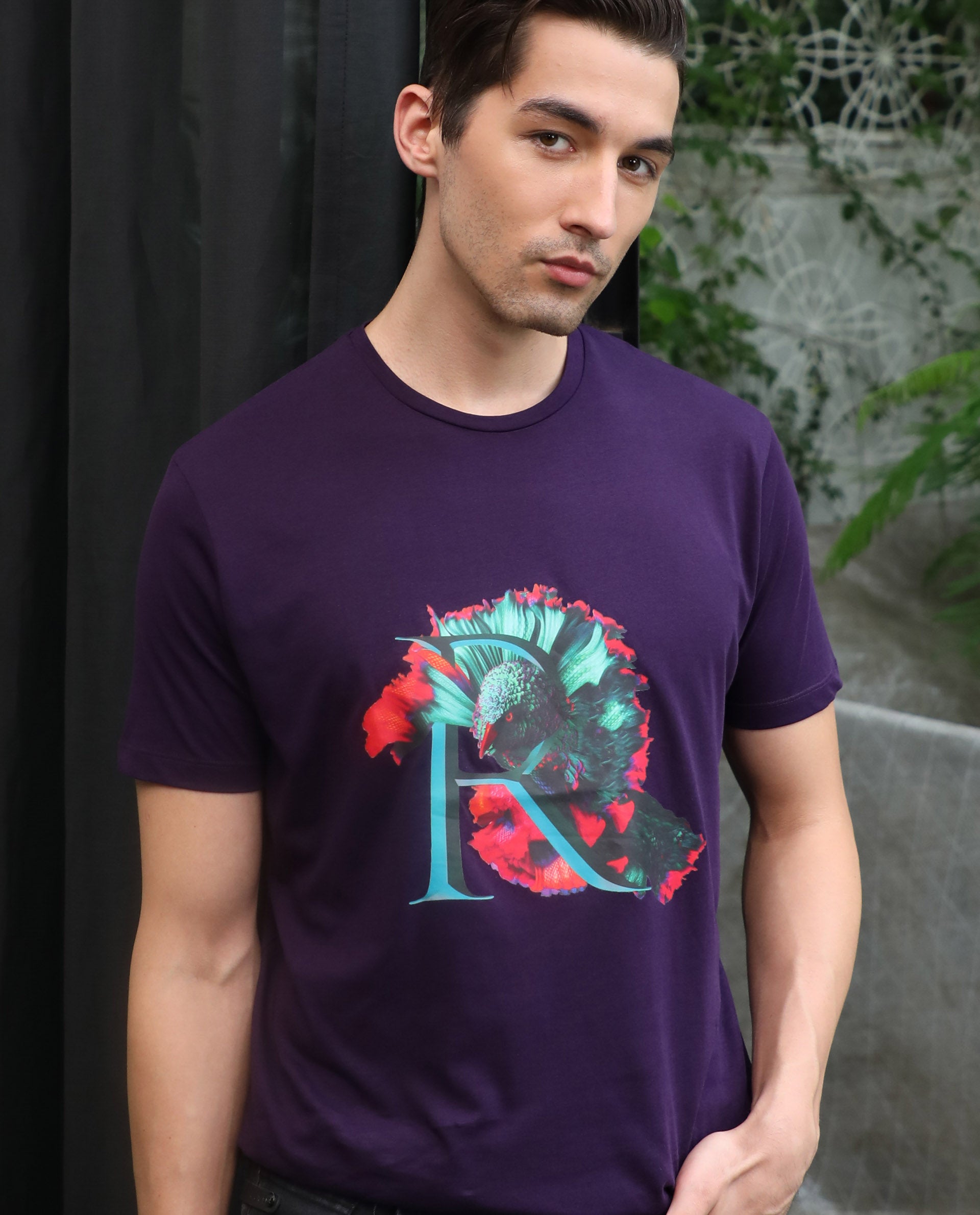 Rare Rabbit Men's Ciliva PurpleCrew Neck Abstract Graphic Printed Half Sleeves Slim Fit T-Shirt