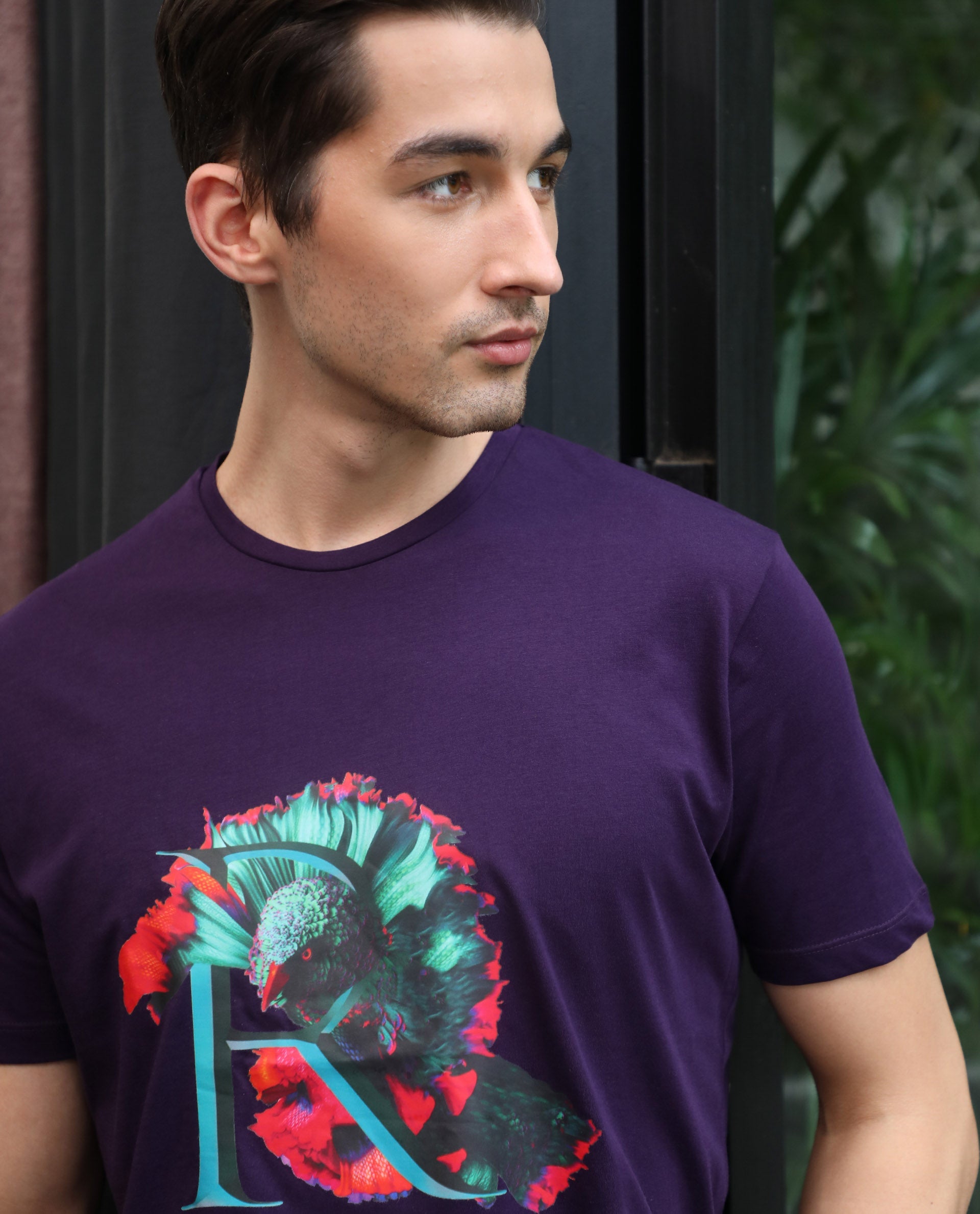 Rare Rabbit Men's Ciliva PurpleCrew Neck Abstract Graphic Printed Half Sleeves Slim Fit T-Shirt