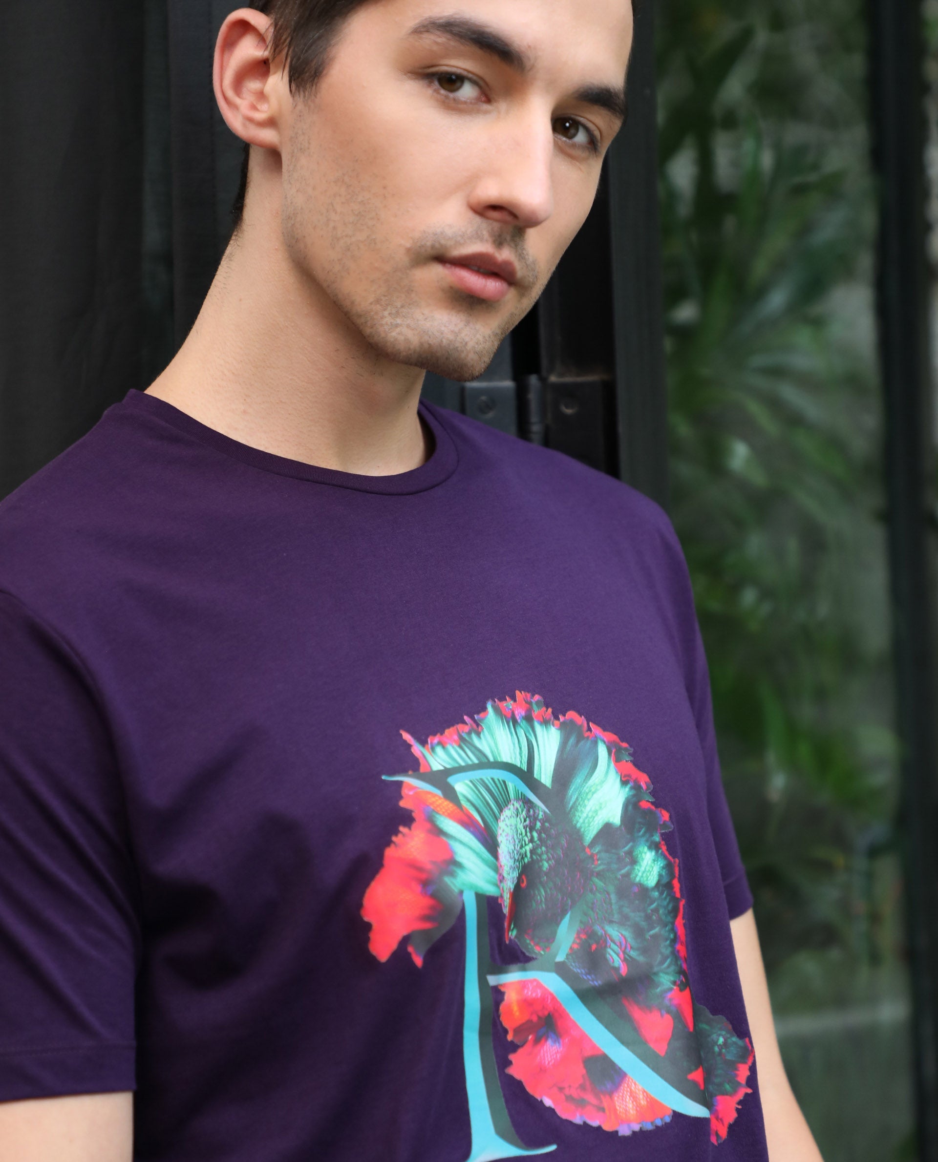 Rare Rabbit Men's Ciliva PurpleCrew Neck Abstract Graphic Printed Half Sleeves Slim Fit T-Shirt