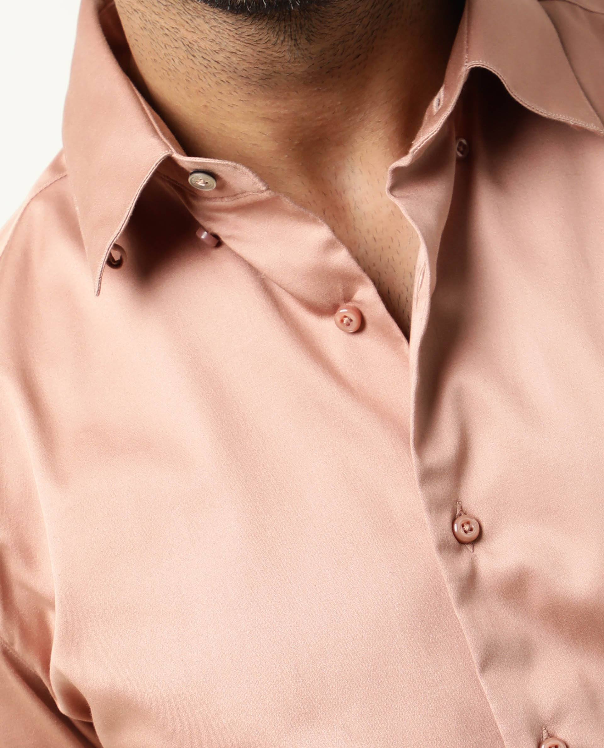 Rare Rabbit Men's Como Peach Satin Plain Regular Fit Full Sleeve Colla