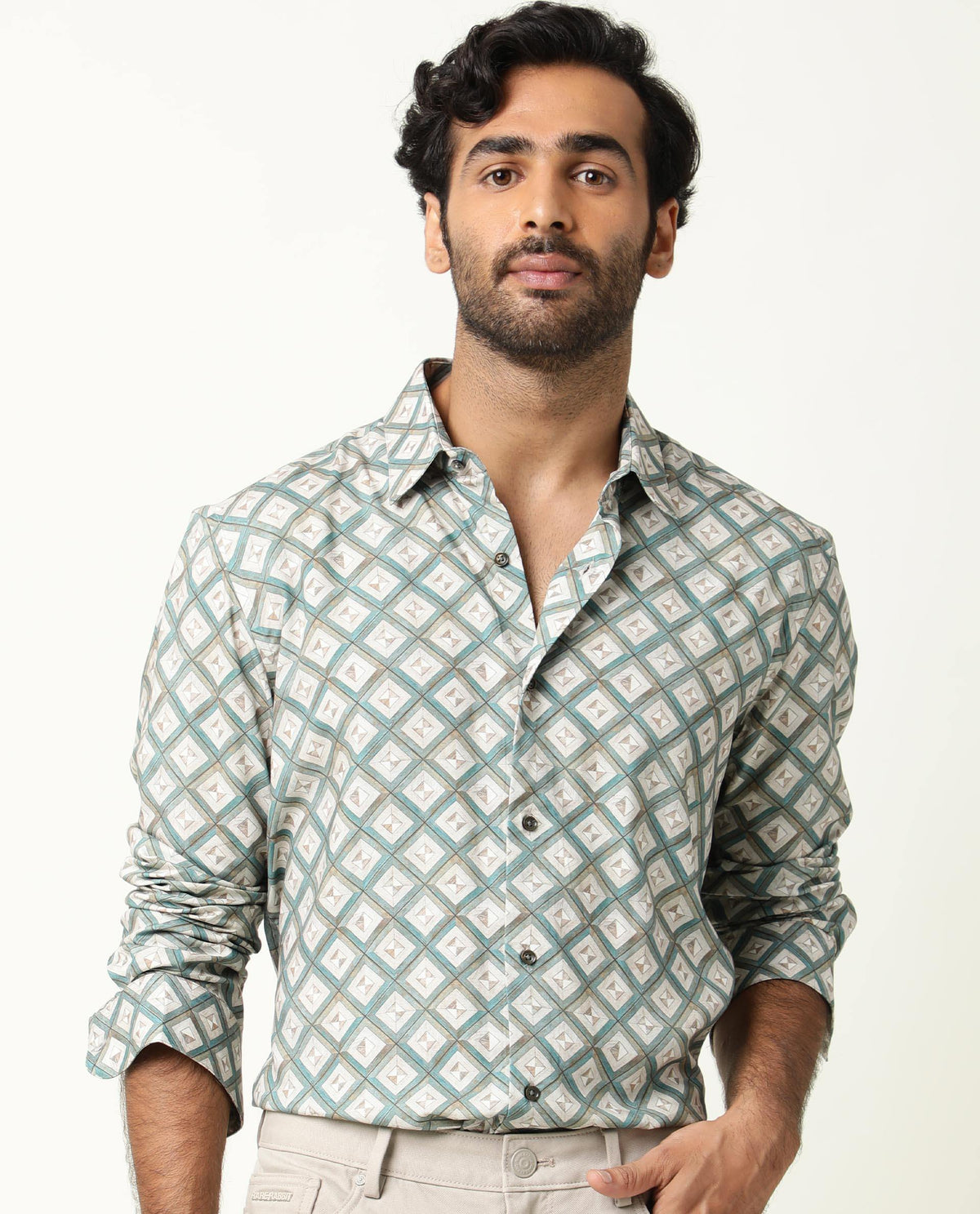 RARE RABBIT MEN'S COMPTER GREEN SHIRT VISCOSE FABRIC COLLARED NECK FULL SLEEVES BUTTON CLOSURE SLIM FIT