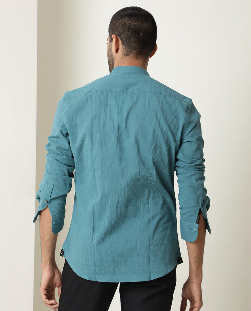 Rare Rabbit Men's Crinckle Green Cotton Fabric Mandarin Collar Full Sleeves Solid Shirt