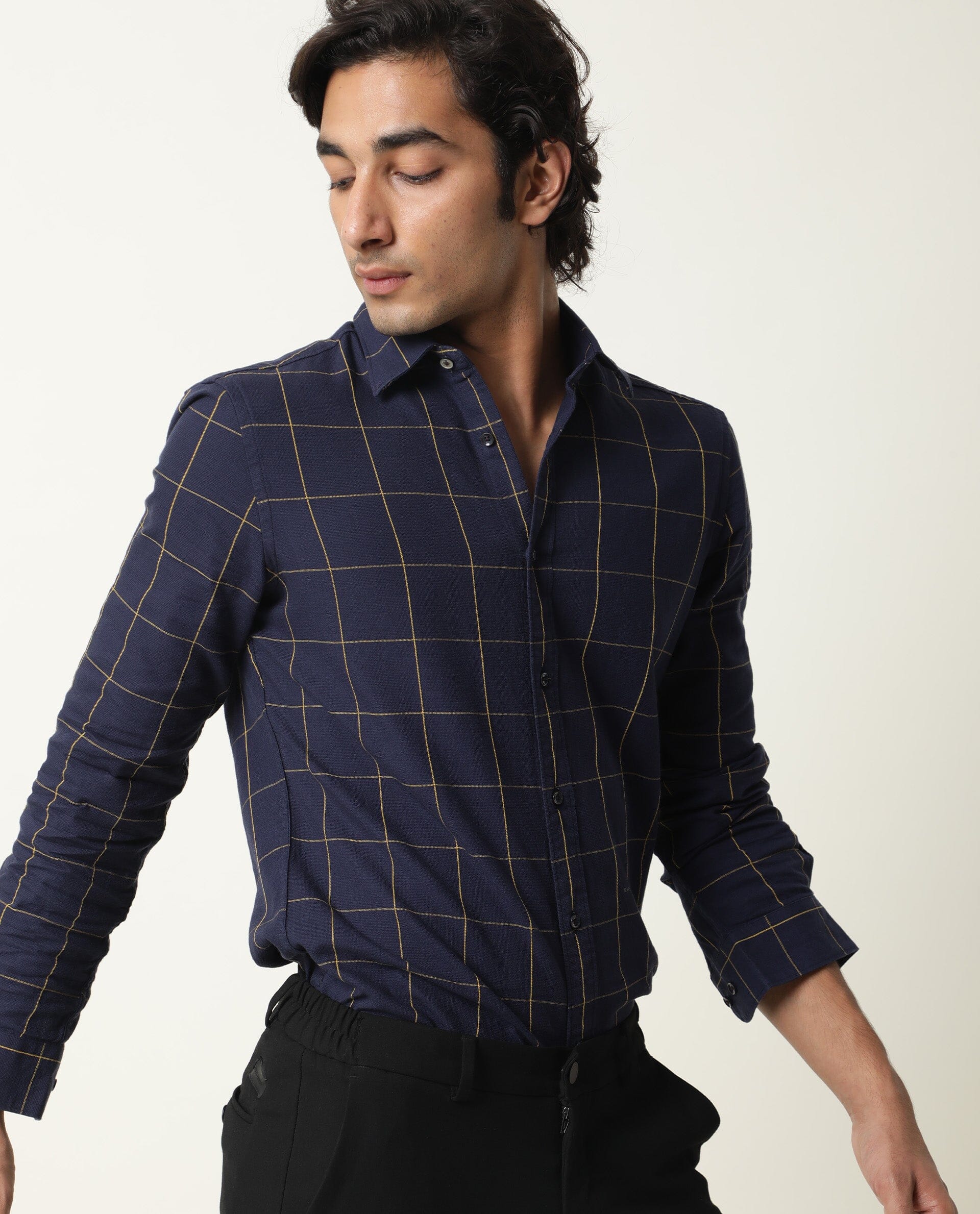 Rare Rabbit Men's Corneto Navy Cotton Fabric Full Sleeves Checks Shirt