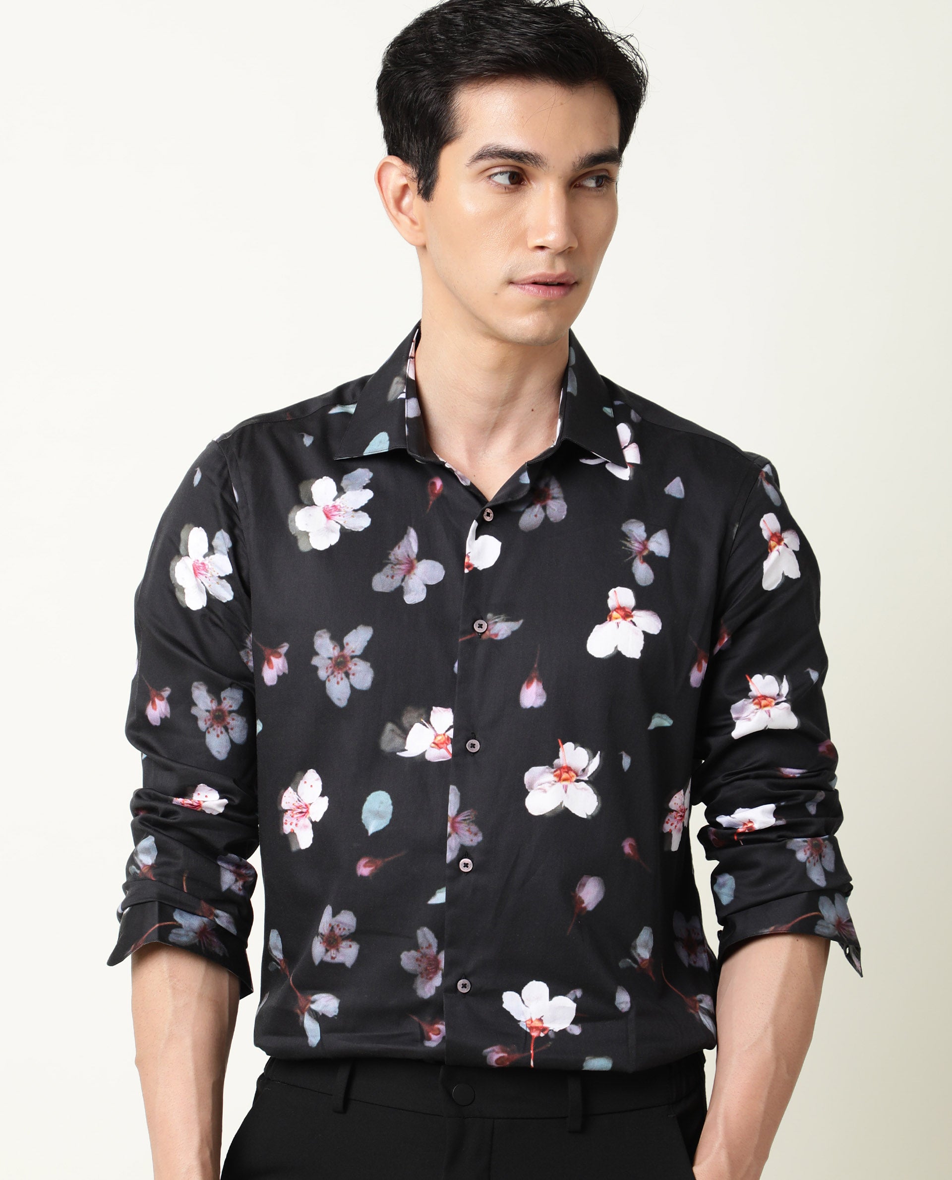 Rare Rabbit Men's Cuplets Black Cotton Fabric Full Sleeves Floral Printed Shirt