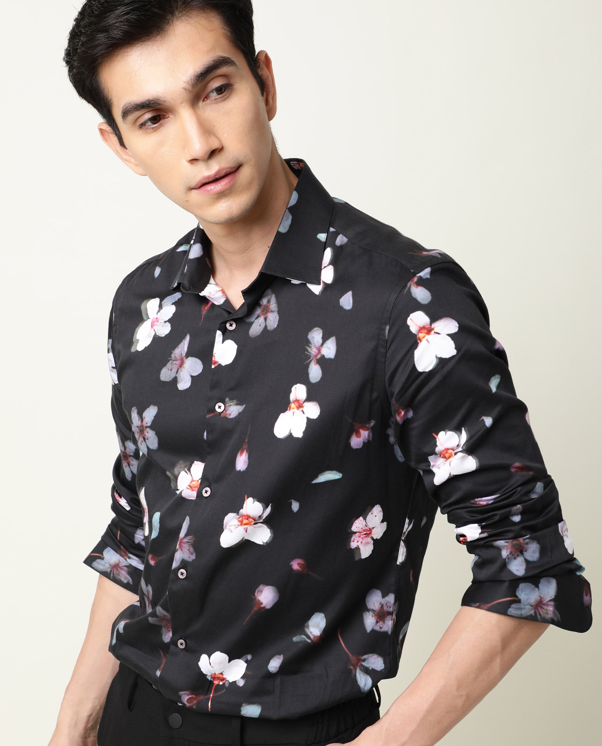 Rare Rabbit Men's Cuplets Black Cotton Fabric Full Sleeves Floral Printed Shirt
