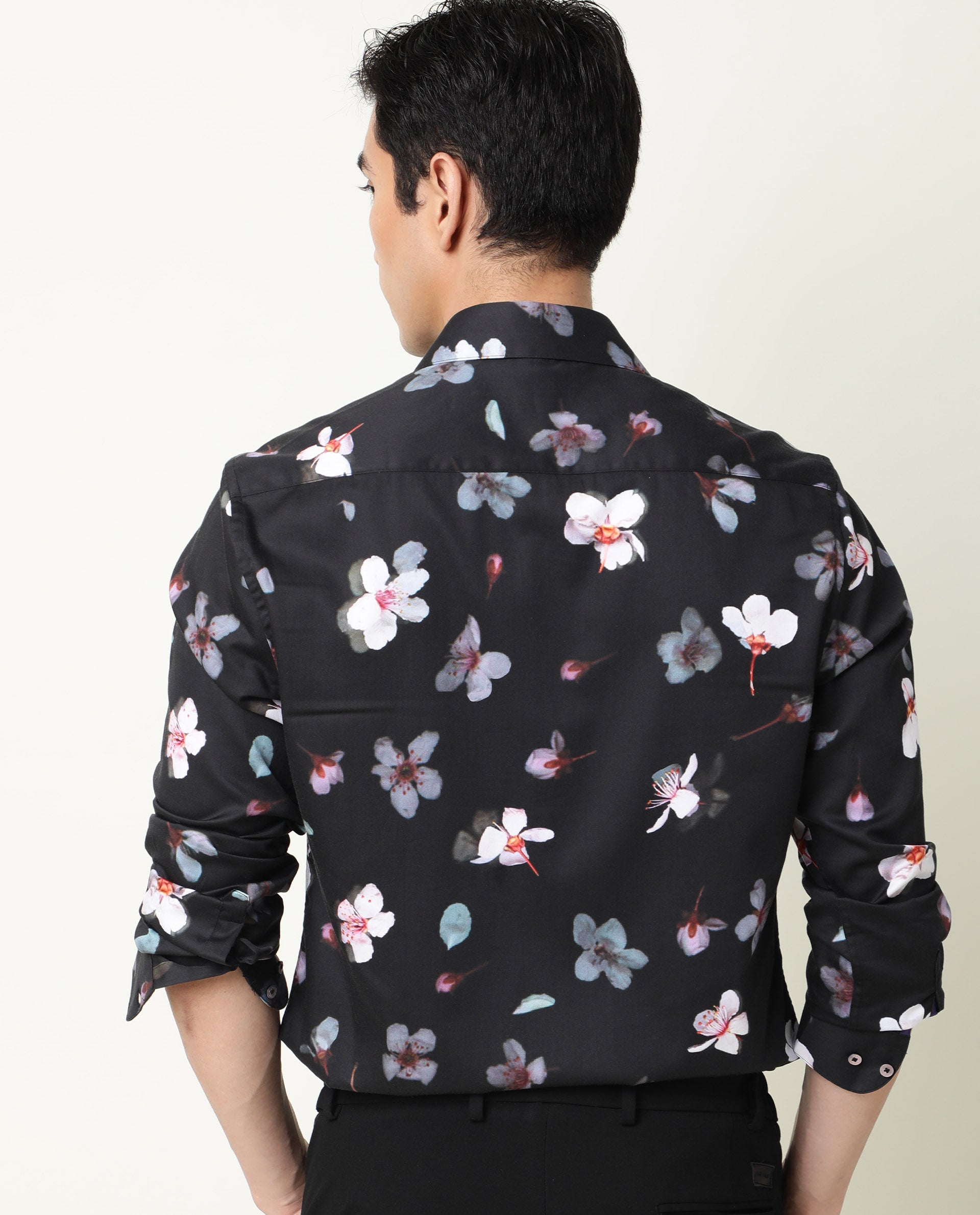 Rare Rabbit Men's Cuplets Black Cotton Fabric Full Sleeves Floral Printed Shirt