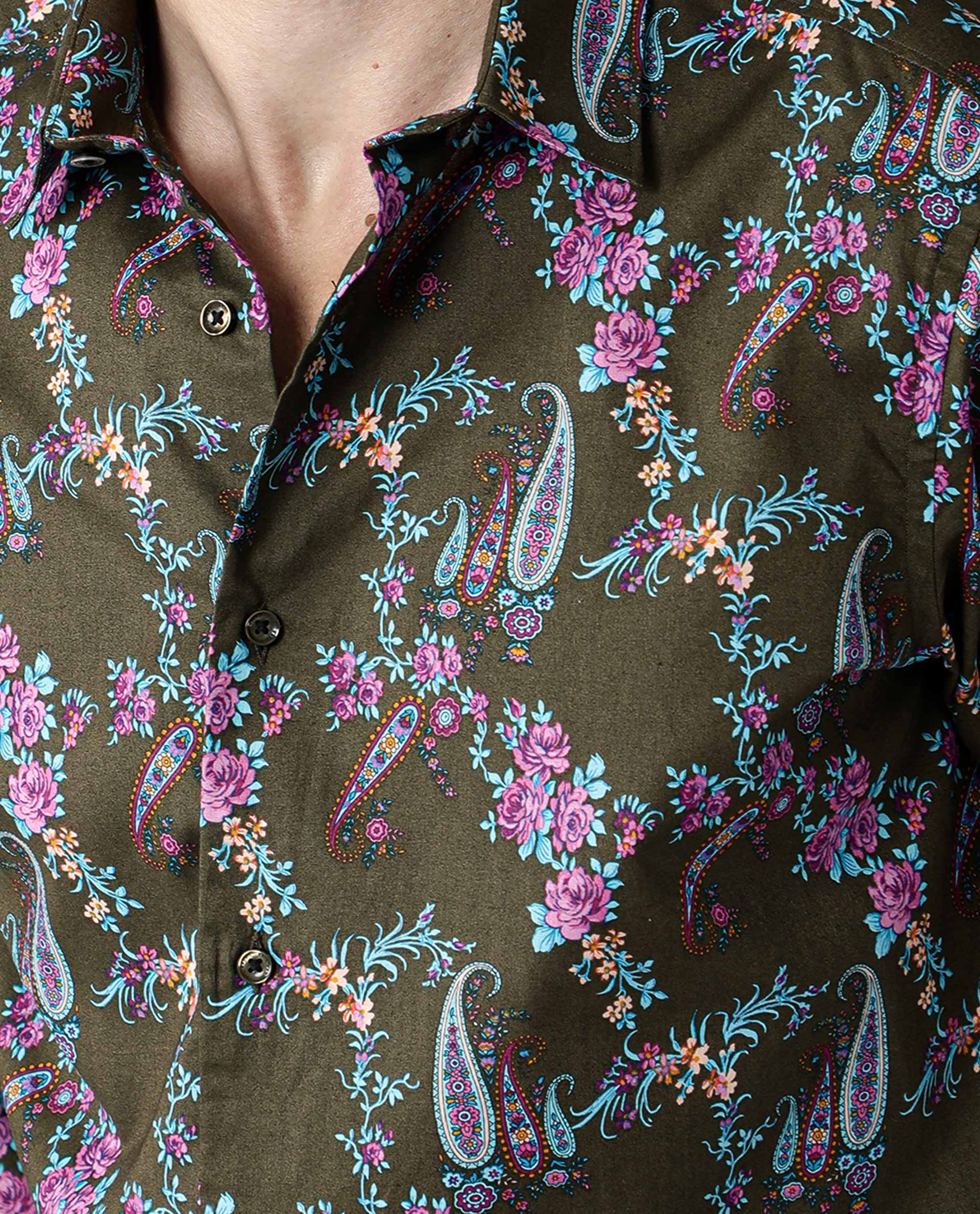 Rare Rabbit Davos Primary Olive Shirt Cotton Fabric Full Sleeve Spread Collar Slim Fit