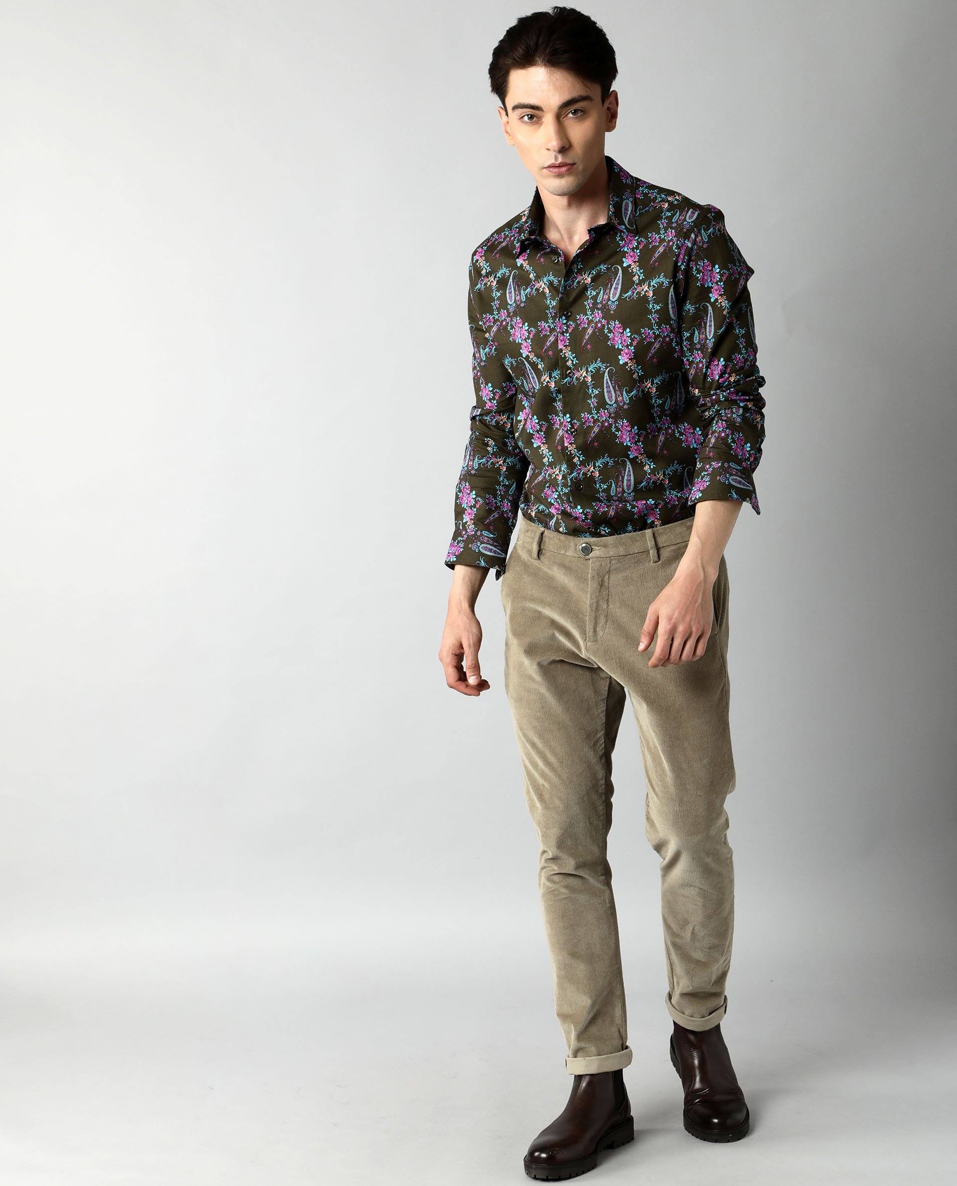 Rare Rabbit Davos Primary Olive Shirt Cotton Fabric Full Sleeve Spread Collar Slim Fit