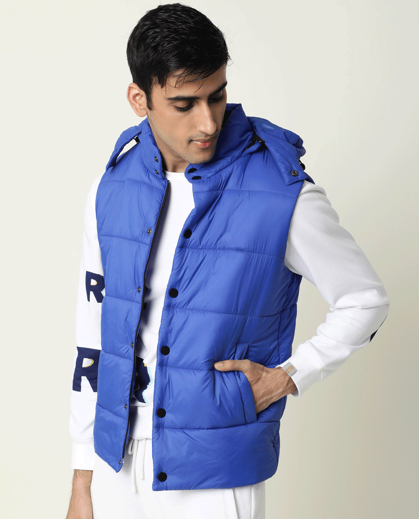 Rare Rabbit Men's Depot Blue Plain Sleeveless Detachable Hood Puffer J