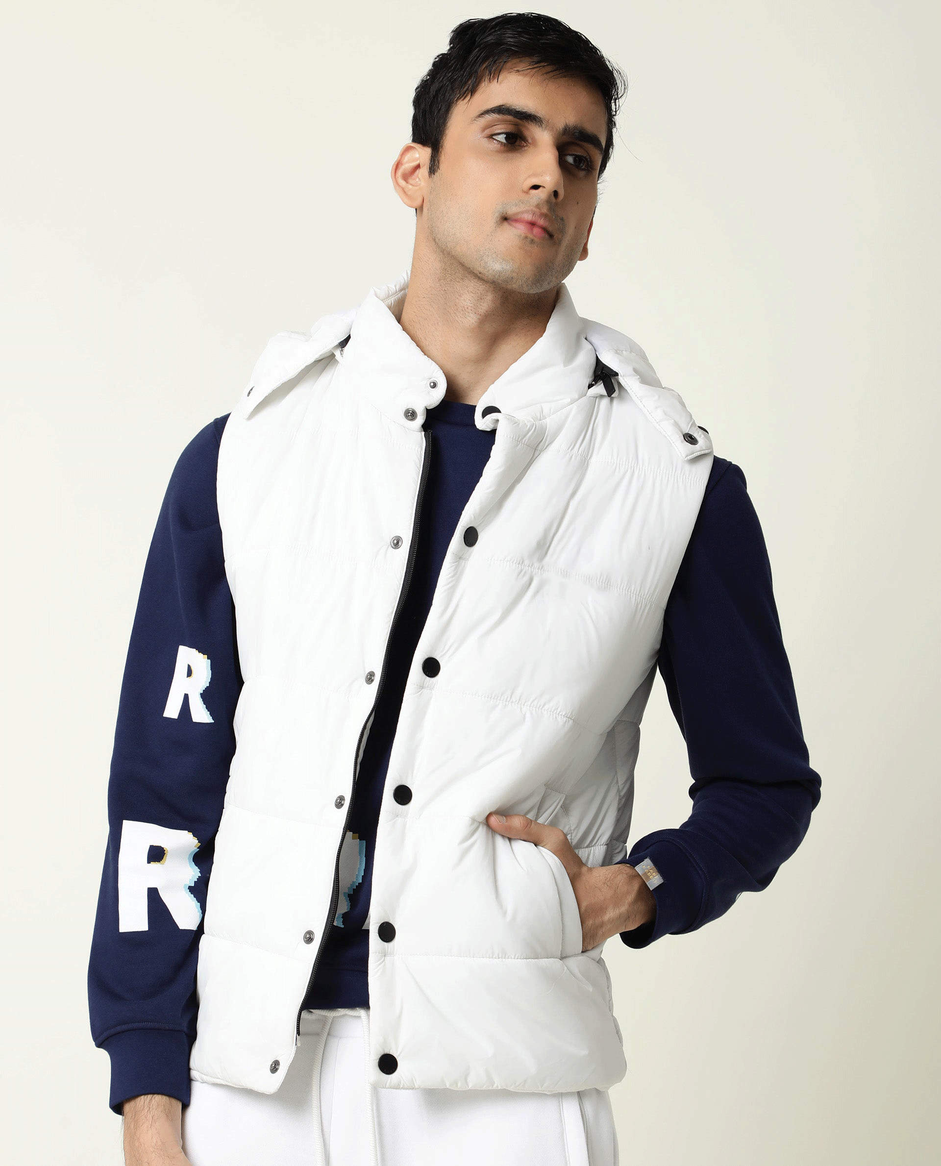 Rare Rabbit Men s Depot White Plain Sleeveless Detachable Hood Puffer