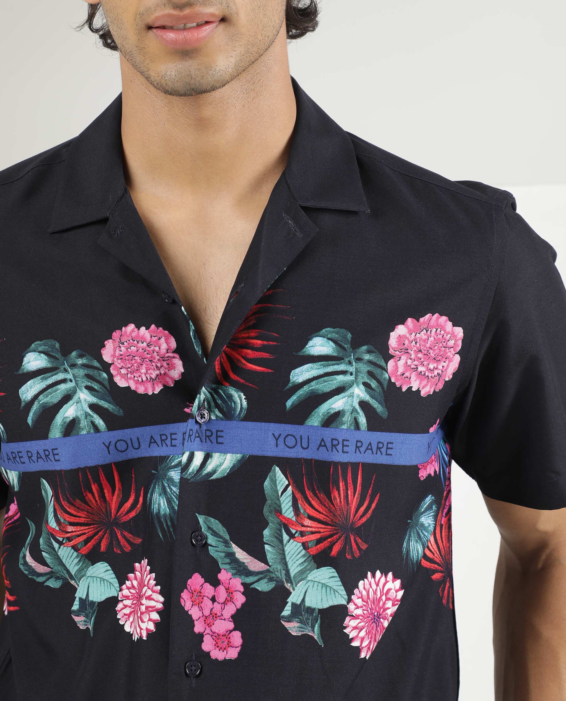 Rare Rabbit Men's Tropic Navy Viscose Fabric Cuban Collar Floral Print Half Sleeves Shirt