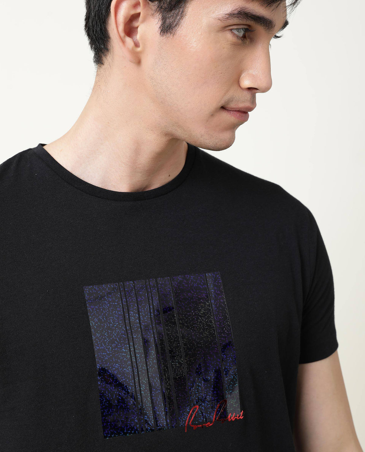 Rare Rabbit Spal Primary Black Crew Neck Graphic Printed Half Sleeves Slim Fit T-Shirt