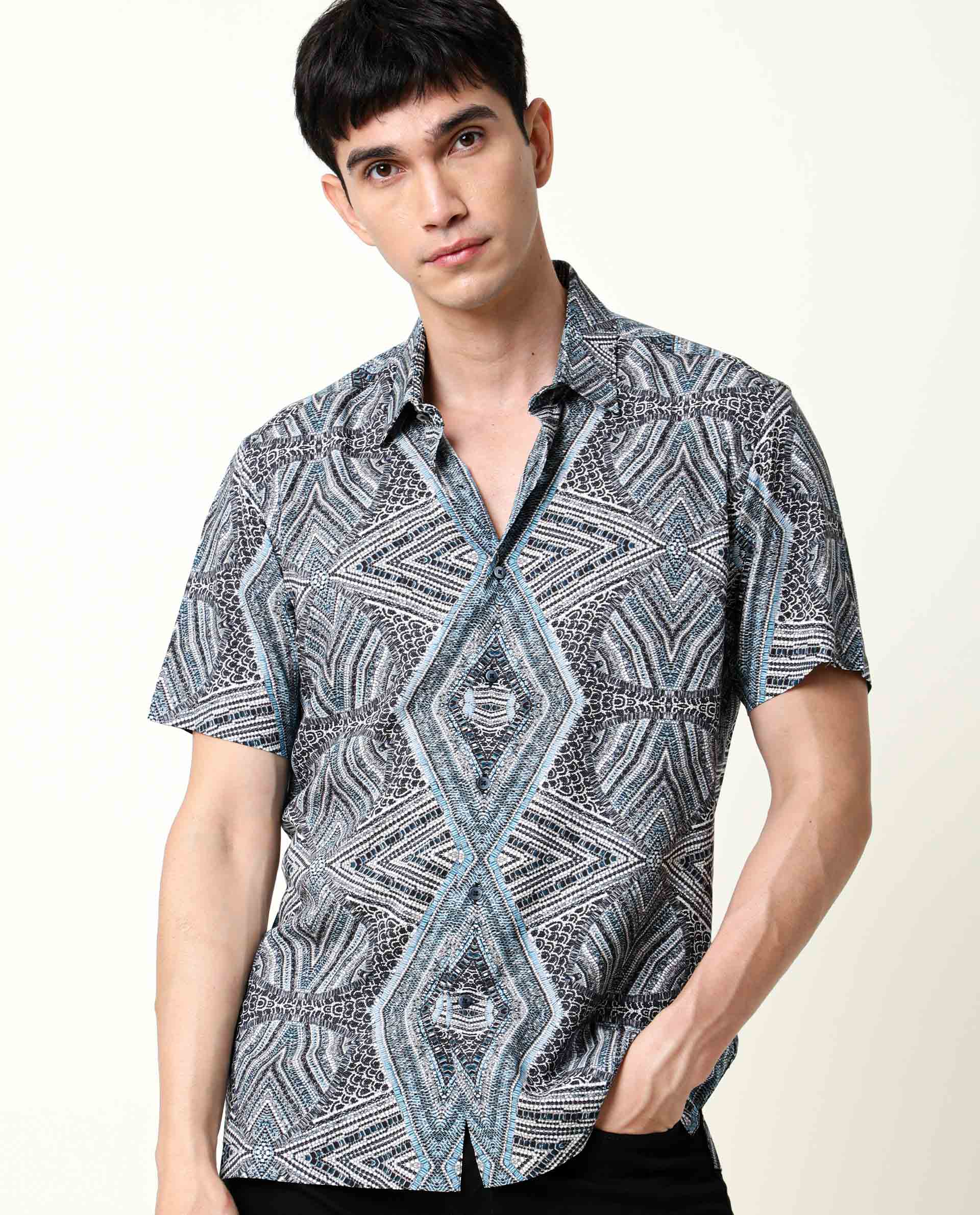 RARE RABBIT MEN'S DION BLUE SHIRT VISCOSE FABRIC COLLARED NECK HALF SLEEVES BUTTON CLOSURE SLIM FIT