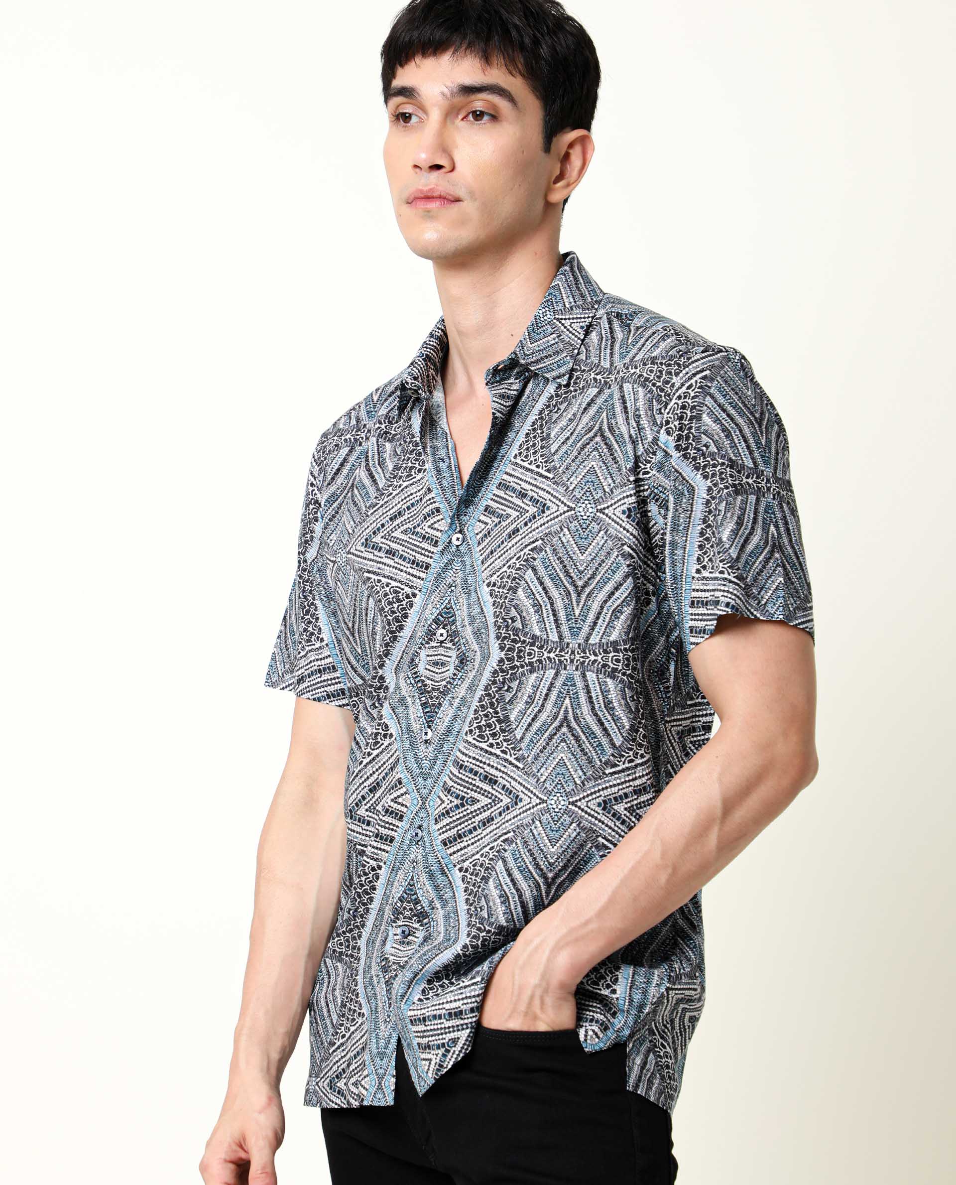 RARE RABBIT MEN'S DION BLUE SHIRT VISCOSE FABRIC COLLARED NECK HALF SLEEVES BUTTON CLOSURE SLIM FIT