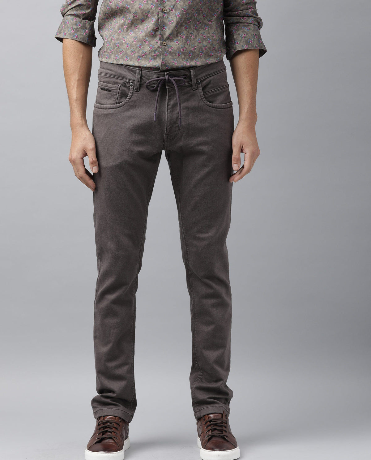 Rare Rabbit Men'S Drake Brown Garment Dyed Mid-Rise Drawstring Regular Fit Jeans