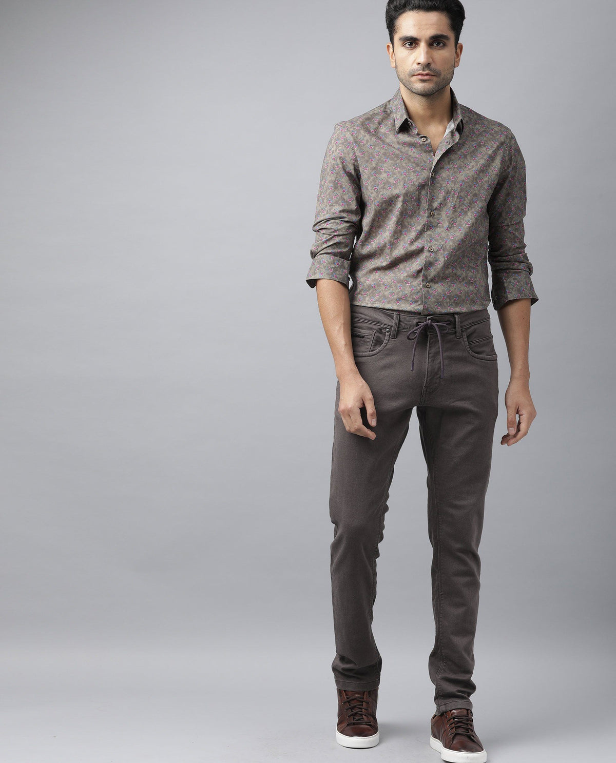 Rare Rabbit Men'S Drake Brown Garment Dyed Mid-Rise Drawstring Regular Fit Jeans