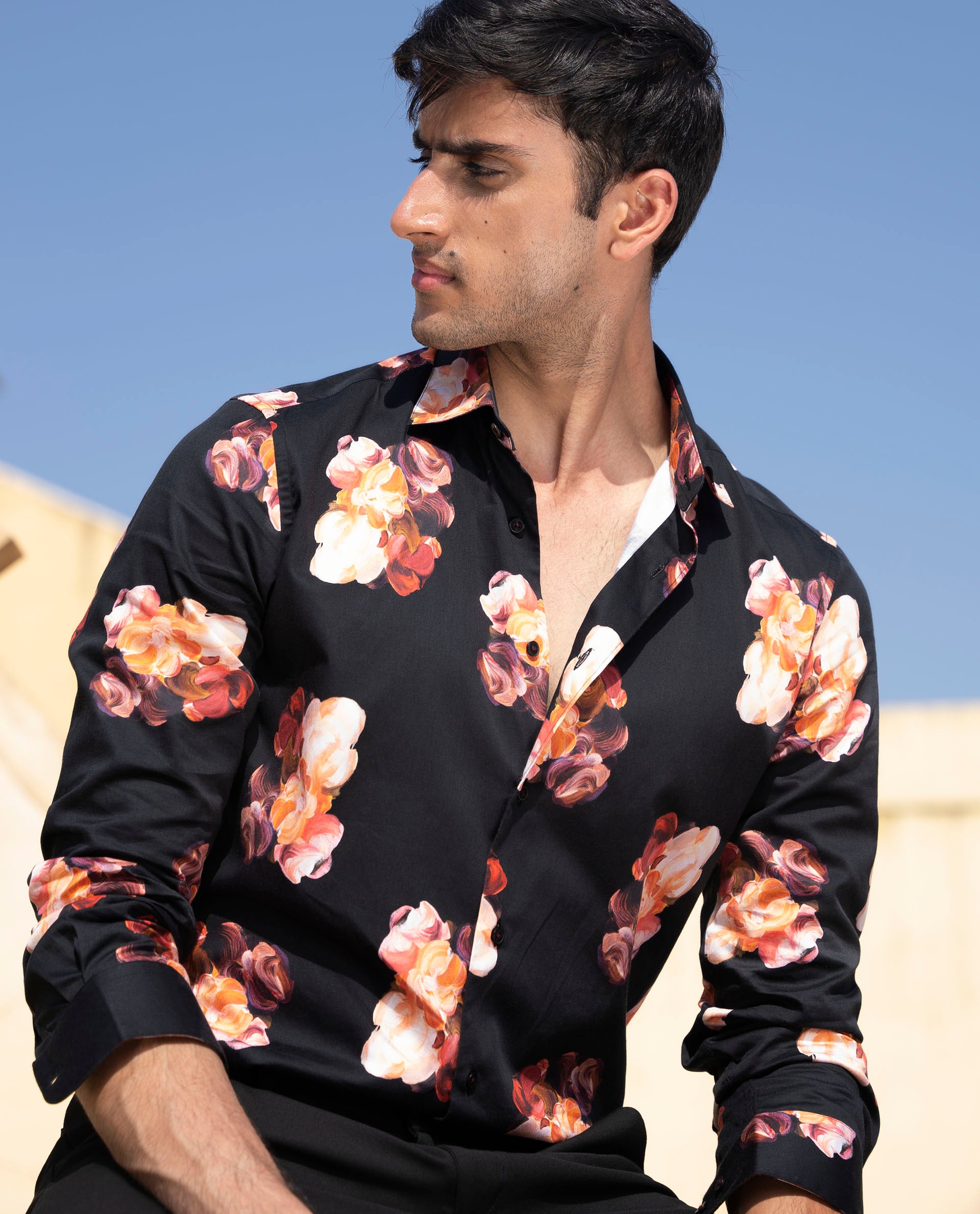 Rare Rabbit Men's Zinnia Black Cotton Fabric Floral Print Full Sleeves Shirt