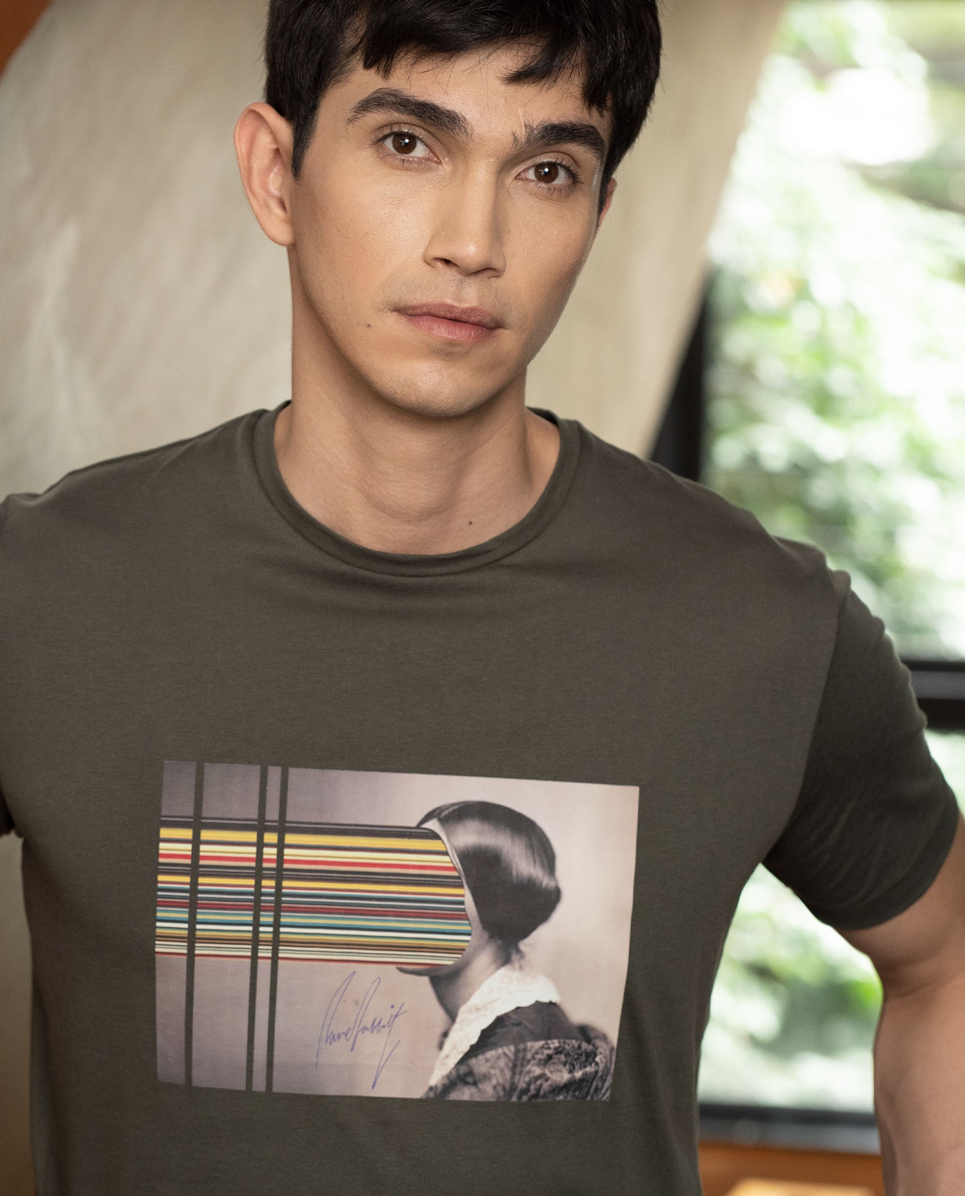 Rare Rabbit Men's Rainys Olive Crew Neck Abstract Print Slim Fit T-Shirt