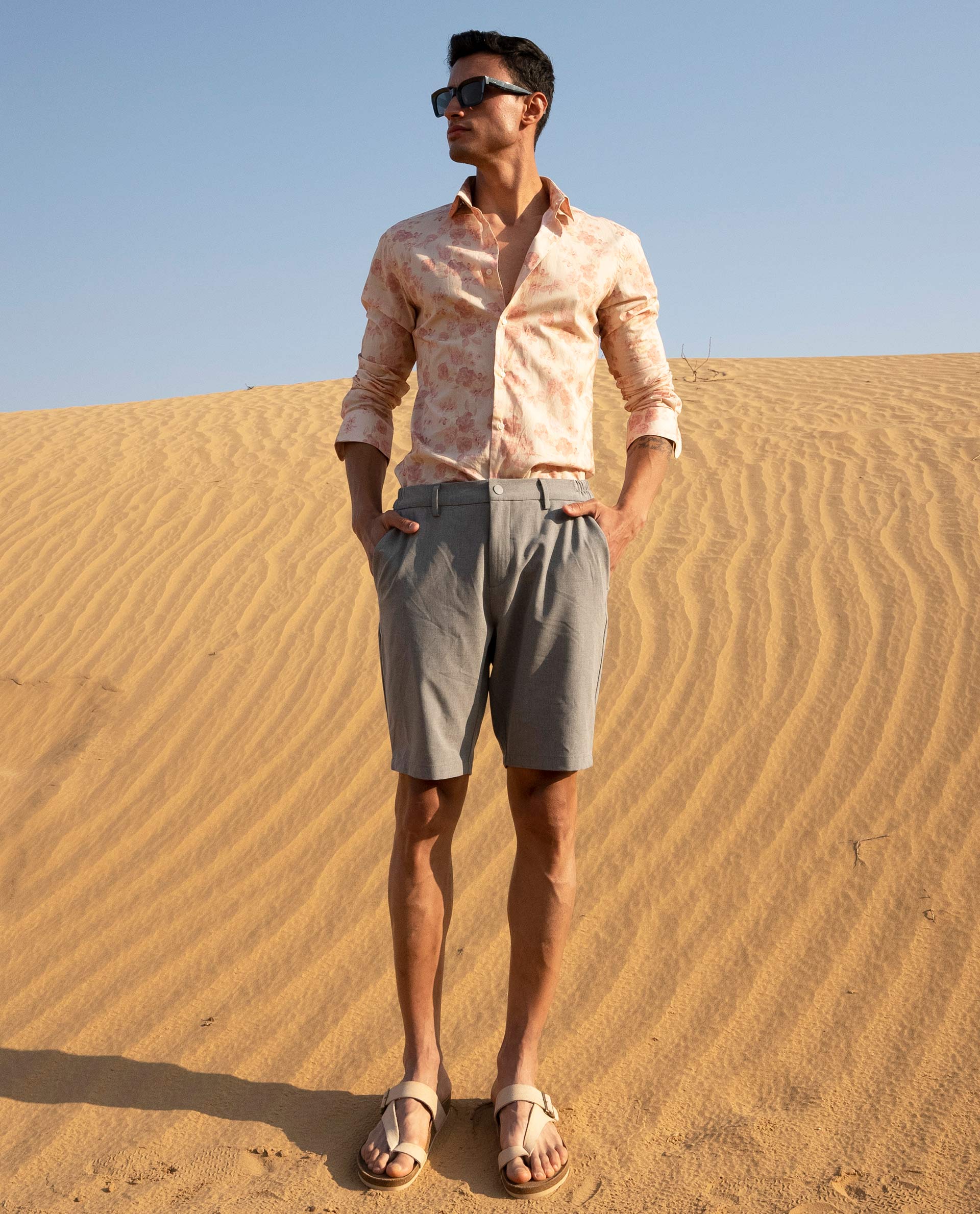 Rare Rabbit Men's Trip Grey Regular Fit Mid Rise Knee Length Shorts