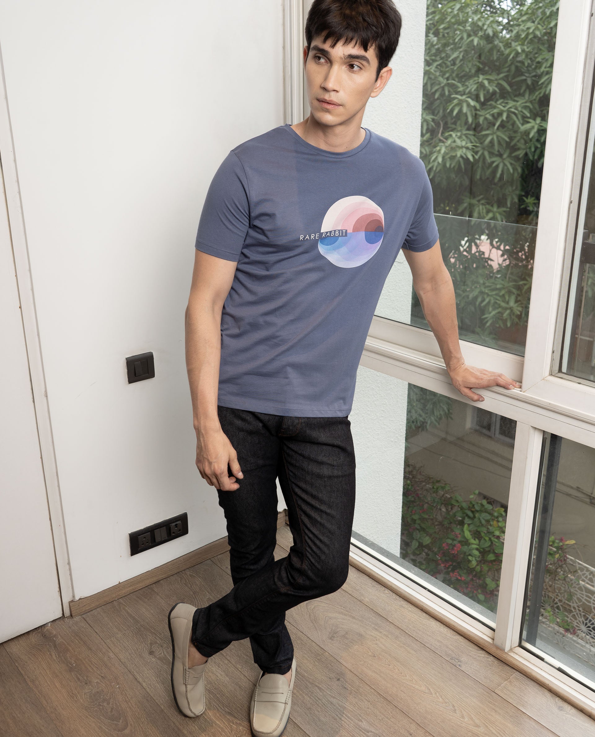 Rare Rabbit Men's View Blue Crew Neck Graphic Printed Half Sleeves Slim Fit T-Shirt