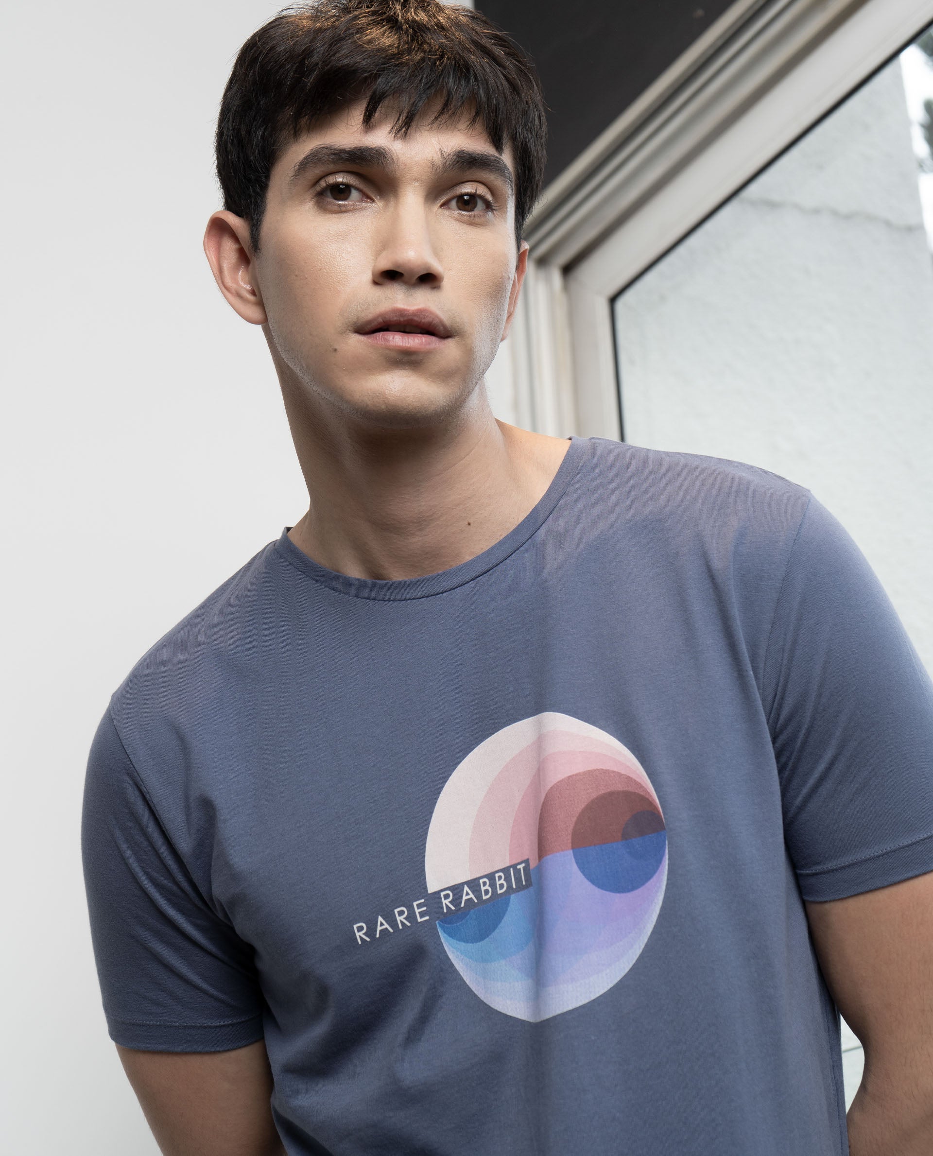 Rare Rabbit Men's View Blue Crew Neck Graphic Printed Half Sleeves Slim Fit T-Shirt