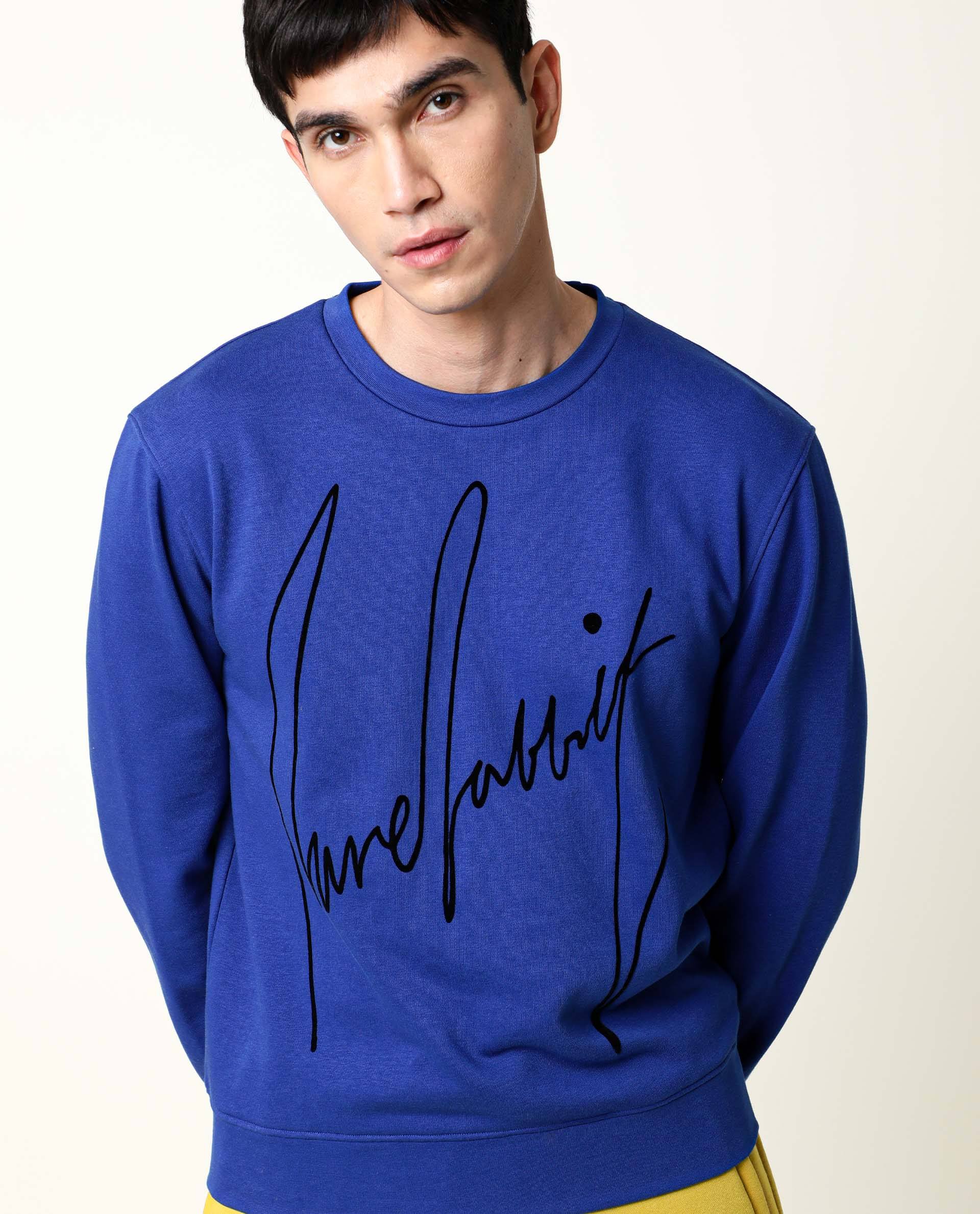 Rare Rabbit Men's Flocker Fluorescent Blue Cotton Fabric Full Sleeves Signature Branding Sweatshirt