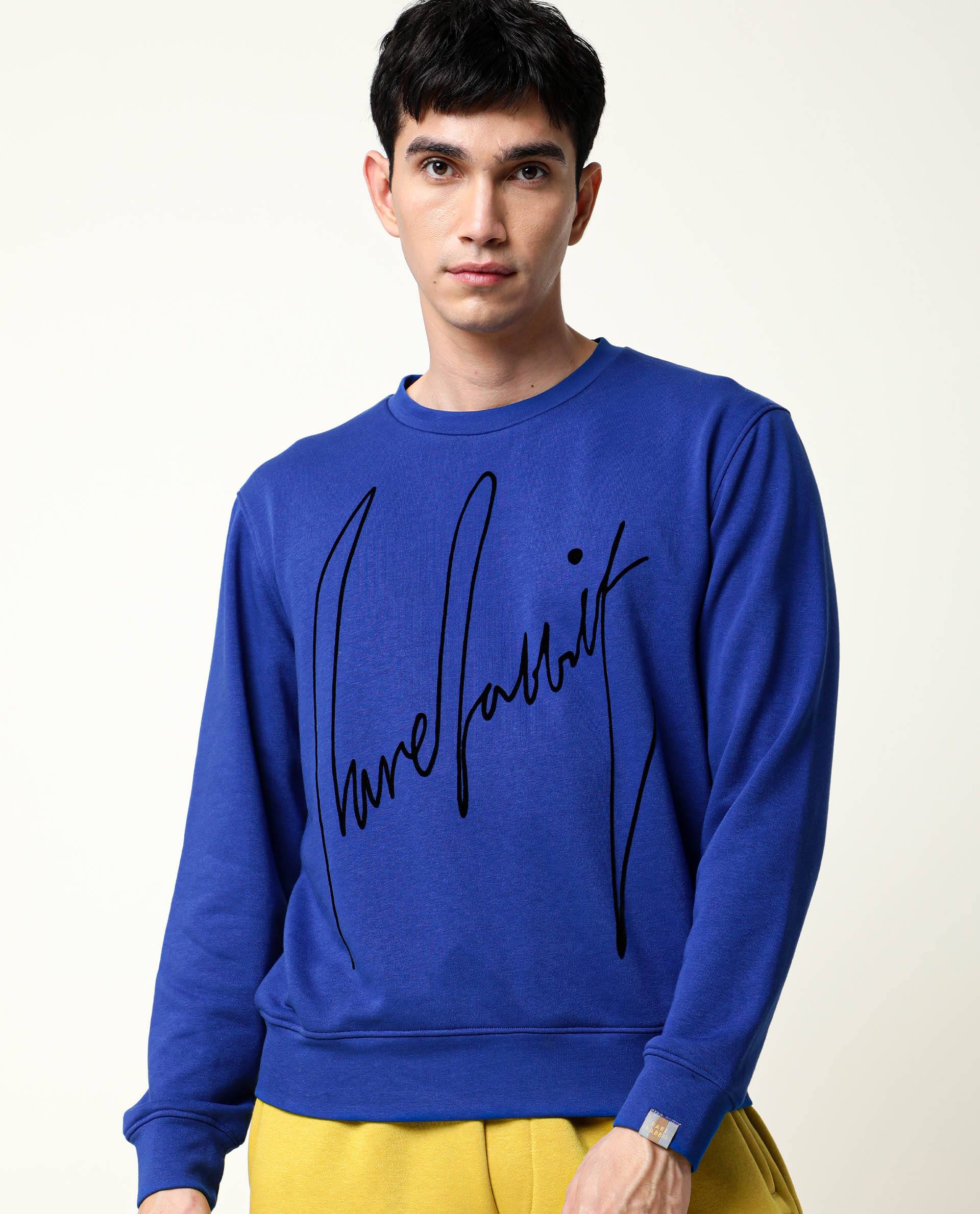 Rare Rabbit Men's Flocker Fluorescent Blue Cotton Fabric Full Sleeves Signature Branding Sweatshirt