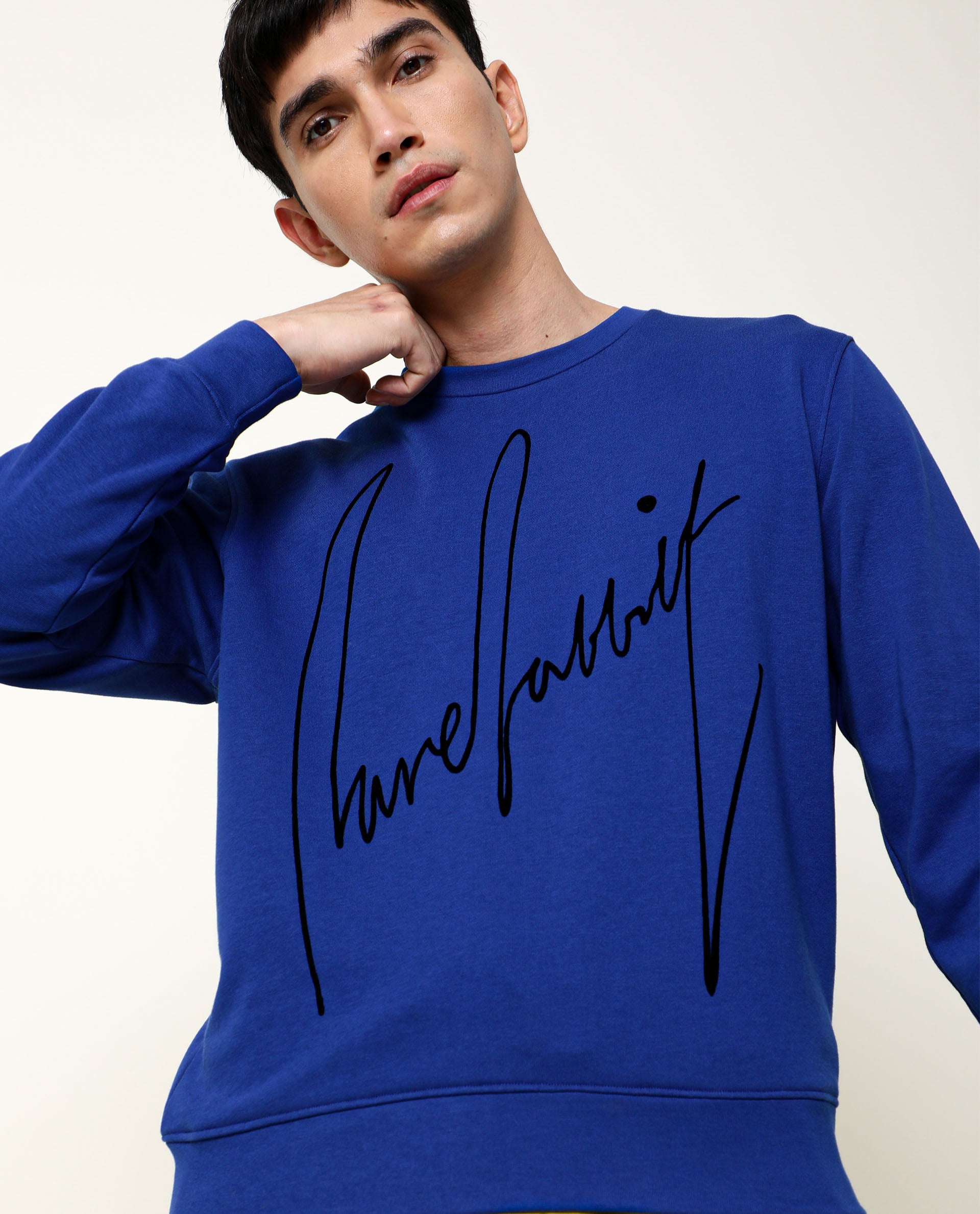 Rare Rabbit Men's Flocker Fluorescent Blue Cotton Fabric Full Sleeves Signature Branding Sweatshirt